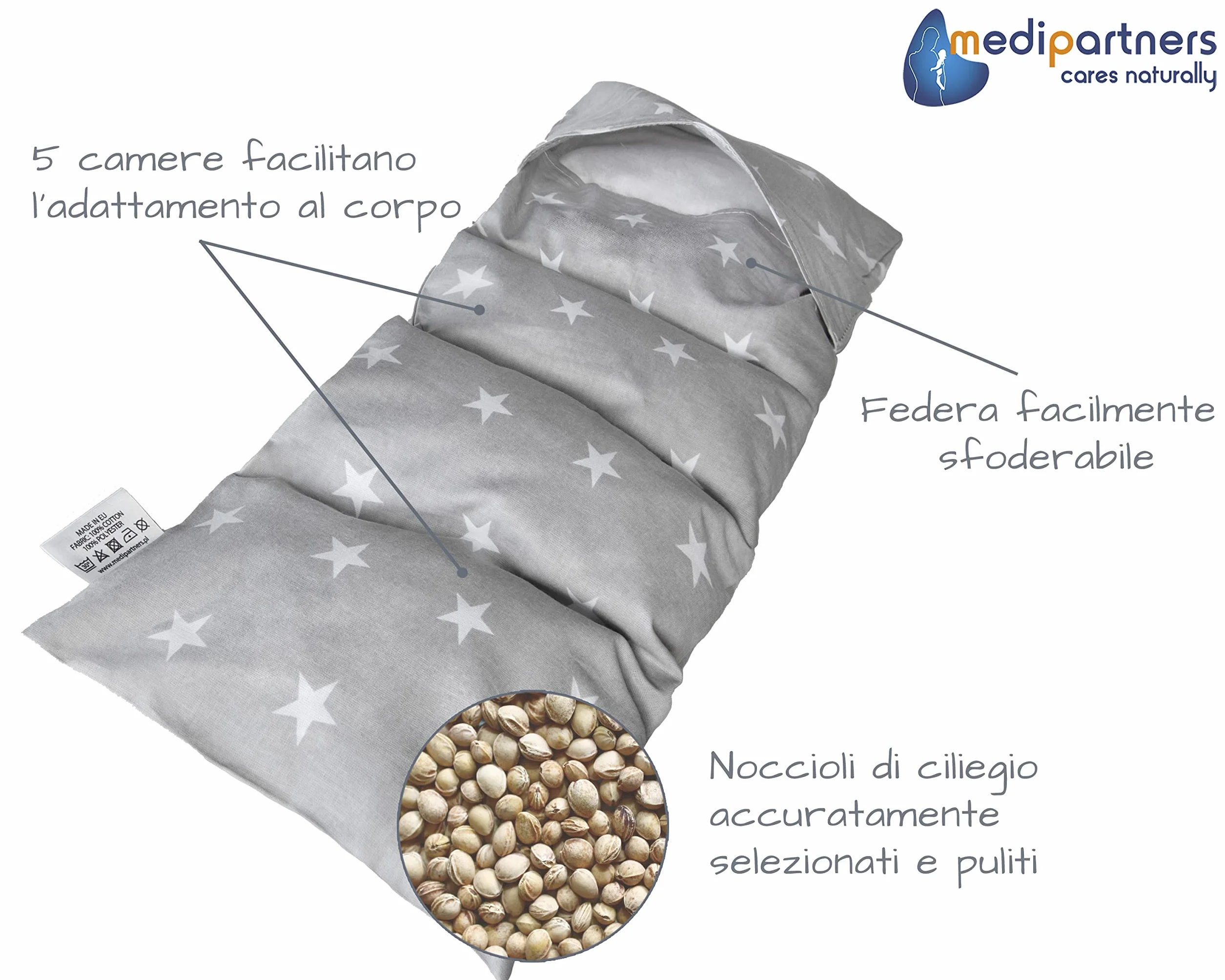 Medi Partners Cuscino Termico noccioli ciliegio 60x20cm 800g 100% Cotone 5 Camere Grande Terapia del freddo Federa sfoderabile (Stelle)