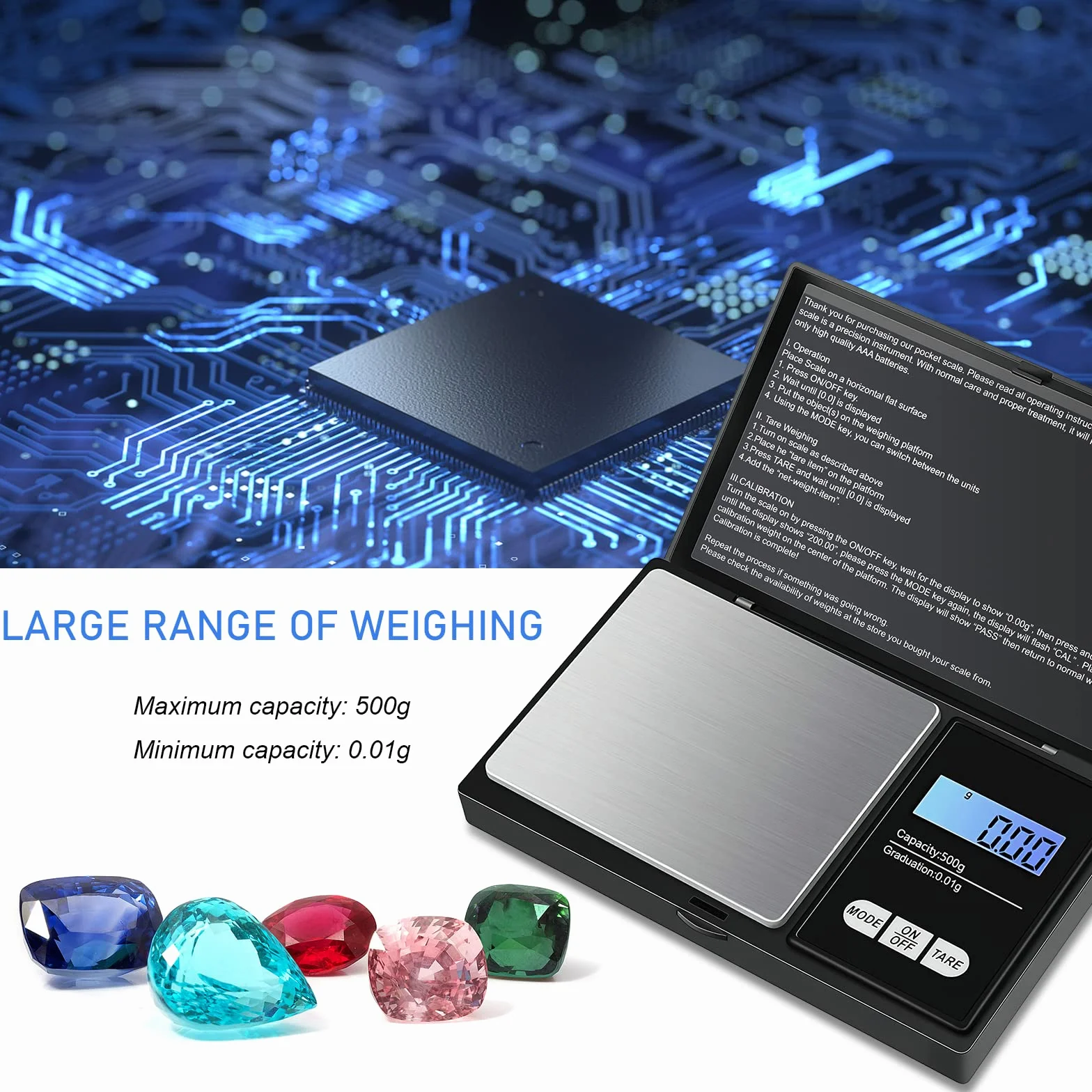 Bilancia di Precisione 500g/0.01g Portatile Digitale con Display LCD Retroilluminato, Tara, per Gioielli/Cucina/Caffè