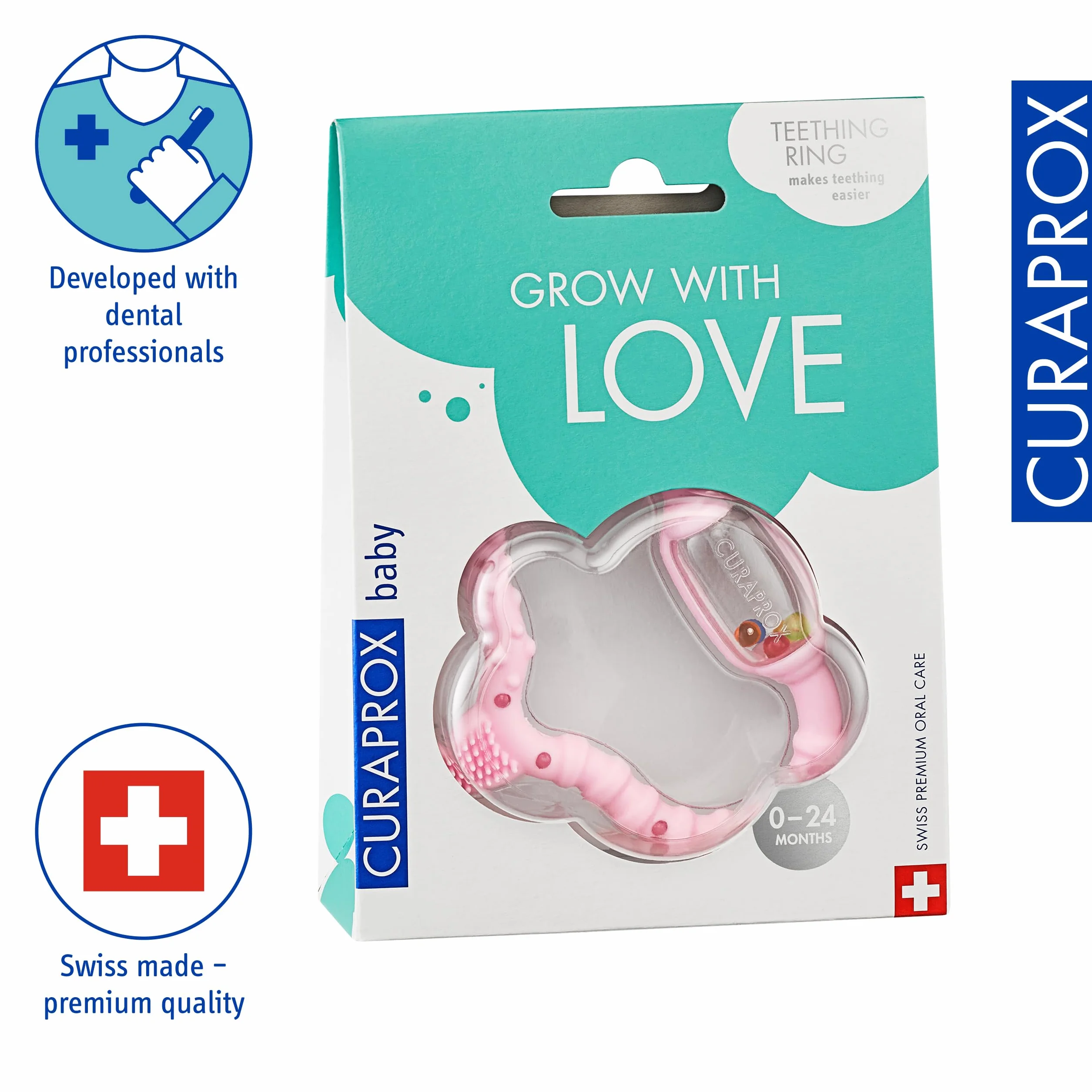 Curaprox Baby Dentizione Anello-Per neonati 0-24 mesi/Lenisce dentizione disagio e incoraggia le capacità motorie/BPA-Free, Rosa, con la formazione spazzolino da denti | Made in Switzerland
