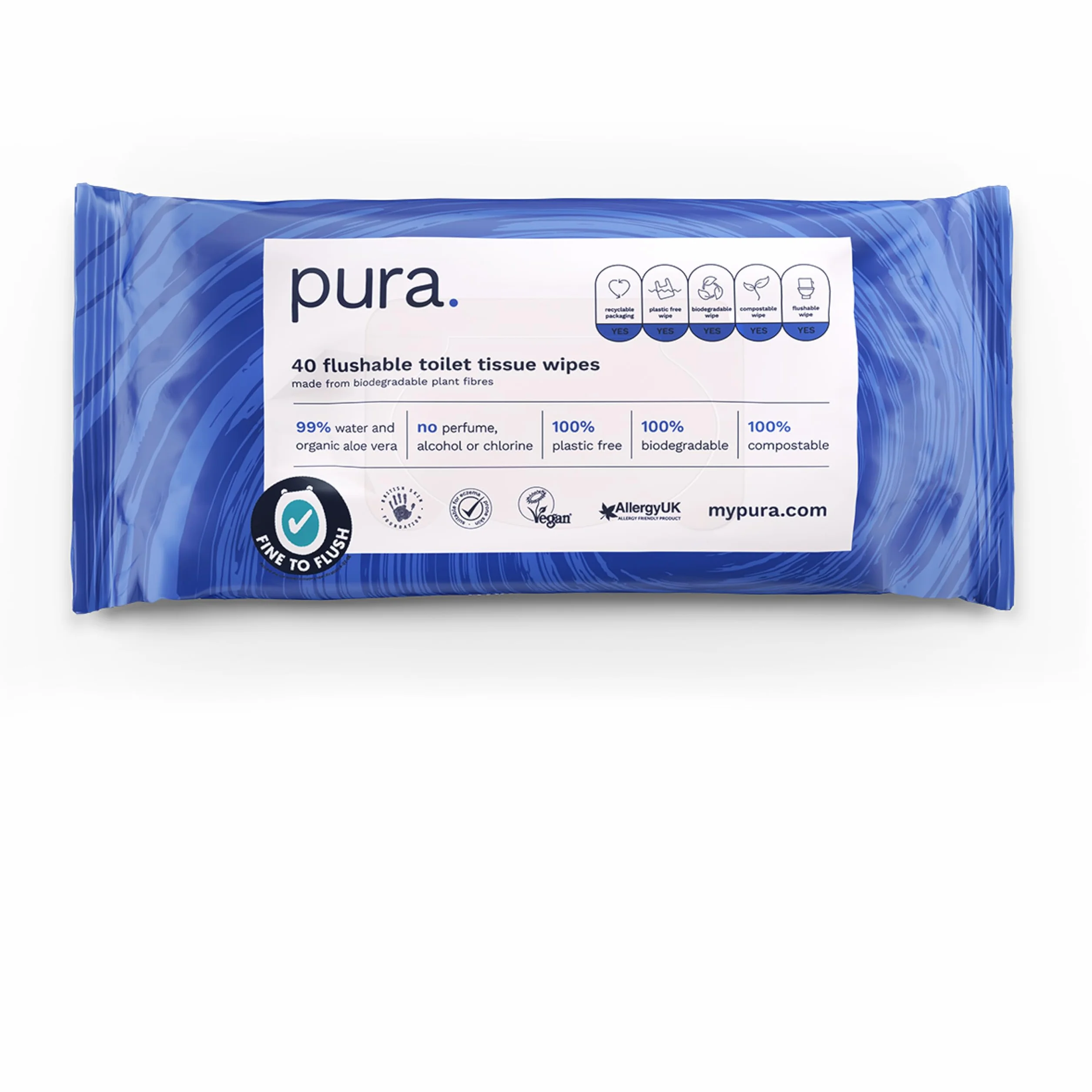 Pura Carta Igienica Umidificata 40 Salviette per Pelle Sensibile Biodegradabili Fine to Flush