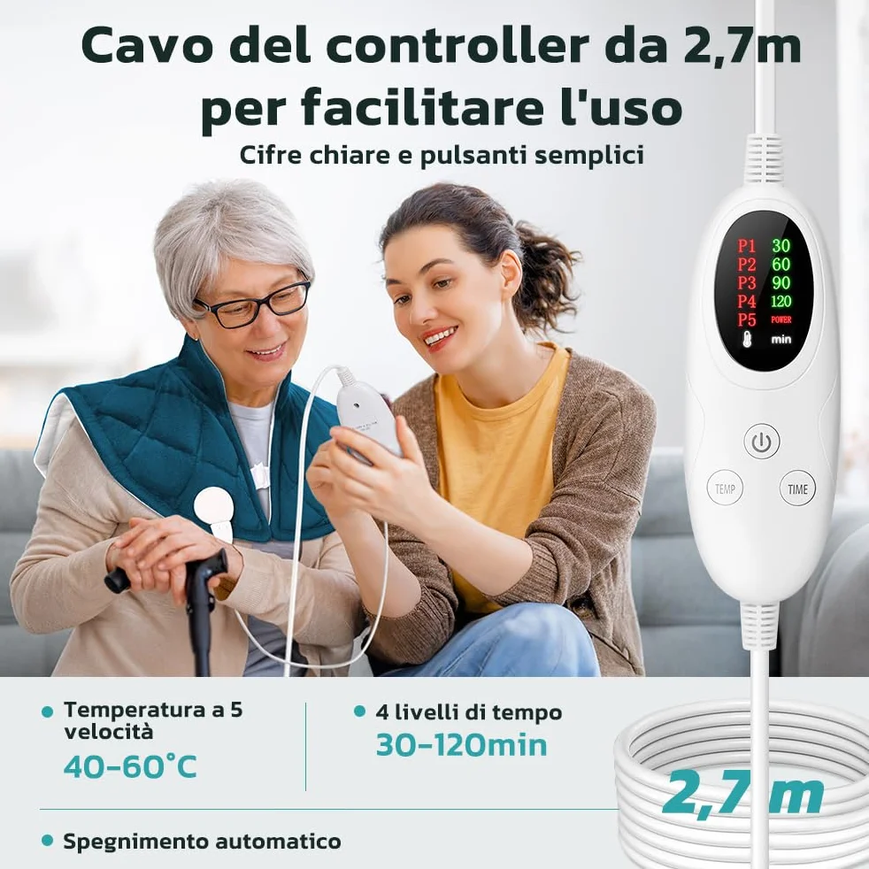 Termoforo Cervicale e Spalle, Riscaldamento Rapido, 5 Regolazioni della Temperatura, Lavabile in Lavatrice, Spegnimento Automatico