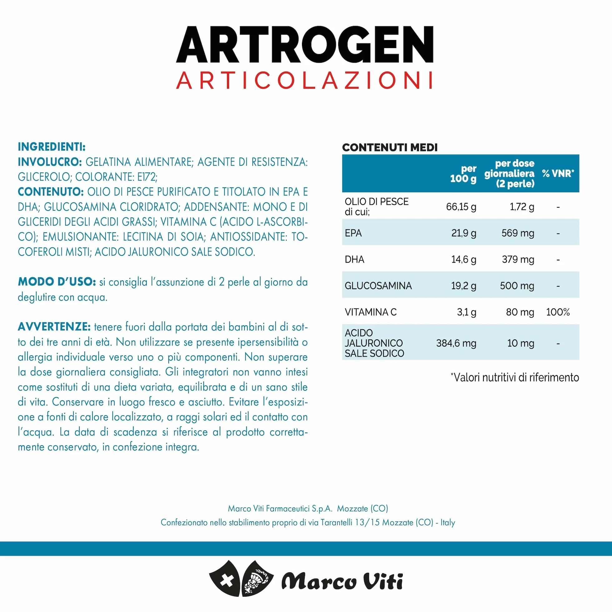 Marco Viti Artrogen Articolazioni Integratore Alimentare 60 Perle Soft gel, 98.4 grammo, 1