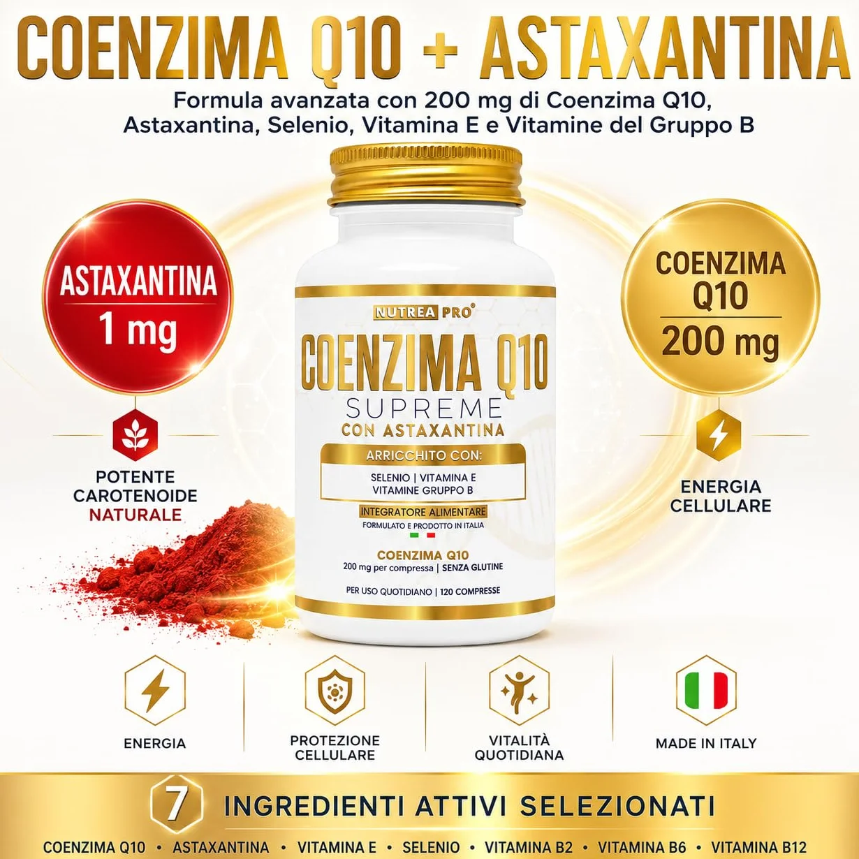 Coenzima Q10 200mg con Astaxantina 1mg |Coenzima Q10 migliore stabilità del normale q10 ubichinolo| Q10 Coenzima complex formulata con coq10 Astaxantina Vitamina E B12 B6 B2| NUTREAPRO®
