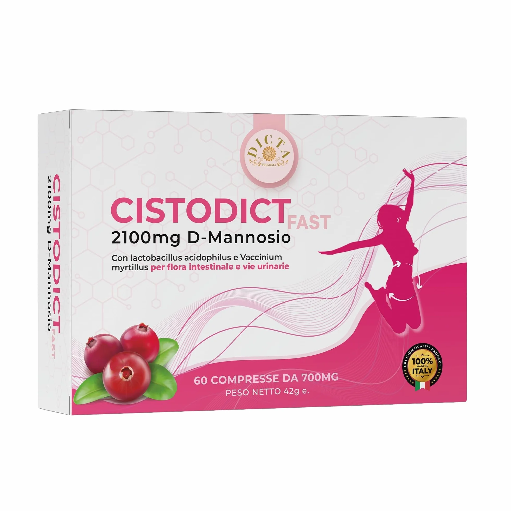 D Mannosio Puro 2100mg 60 cpr per Vie Urinarie Donna con Mirtillo Rosso, Agrimonia, Lactobacillus e Inulina