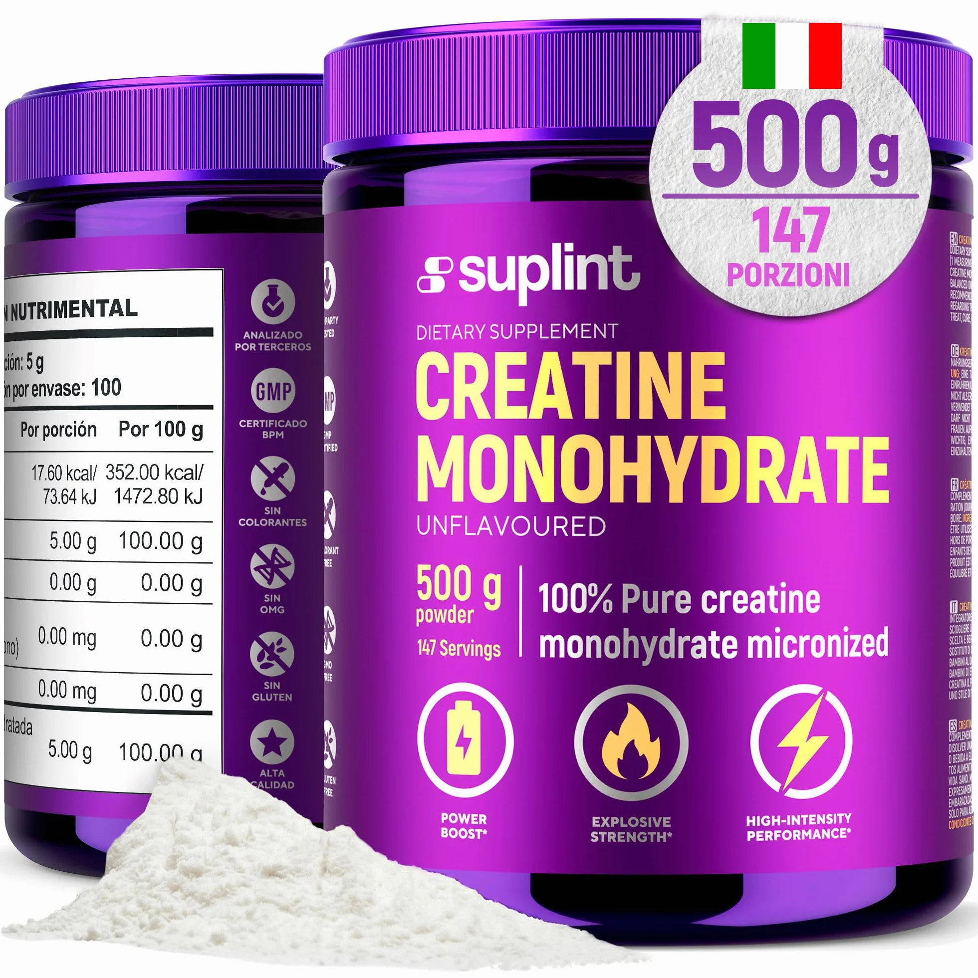 Polvere di Creatina Monoidrata 500 g – 147 Porzioni – 100 % Creatina Monoidrato Pura – Qualità Micronizzata – Vegano, Senza OGM – Integratore Sportivo per Forza, Muscoli & Recupero