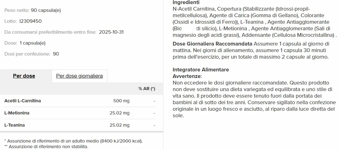 Acetyl l-Carnitina 90 perle