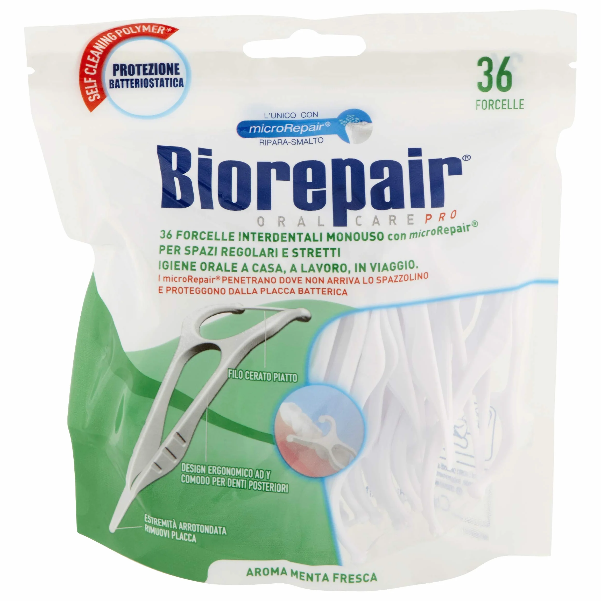 Biorepair, Forcelle Interdentali Monouso Con Microrepair® per Spazi Regolari e Stretti, per Igiene Orale, Ripara-Smalto, Aroma Menta Fresca, Pacco da 6 x 36 Pezzi