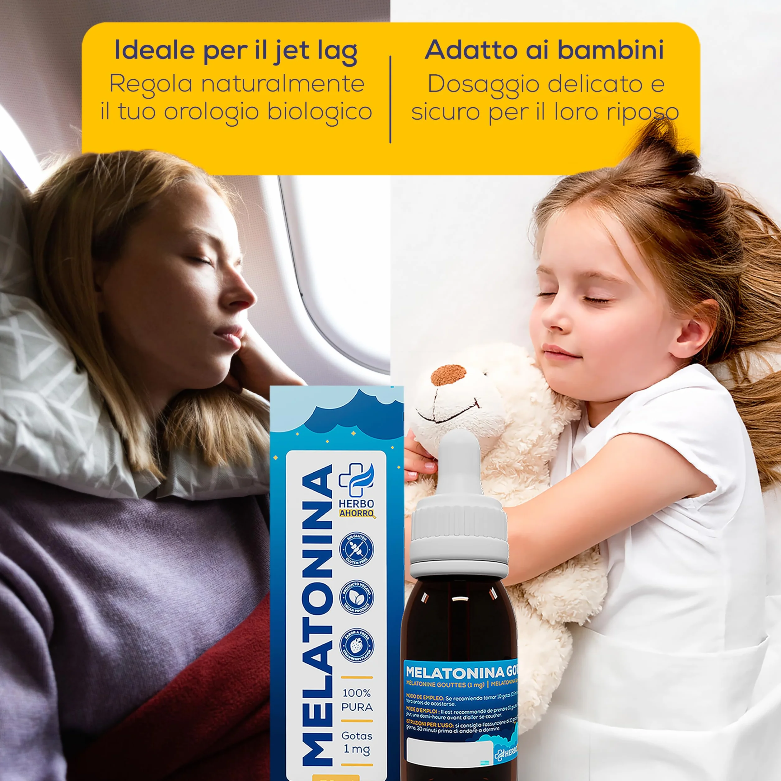 Melatonina gocce bambini adulti 1mg 50ml gusto fragola senza effetto rebound favorisce sonno dolce profondo riposo rigenerante