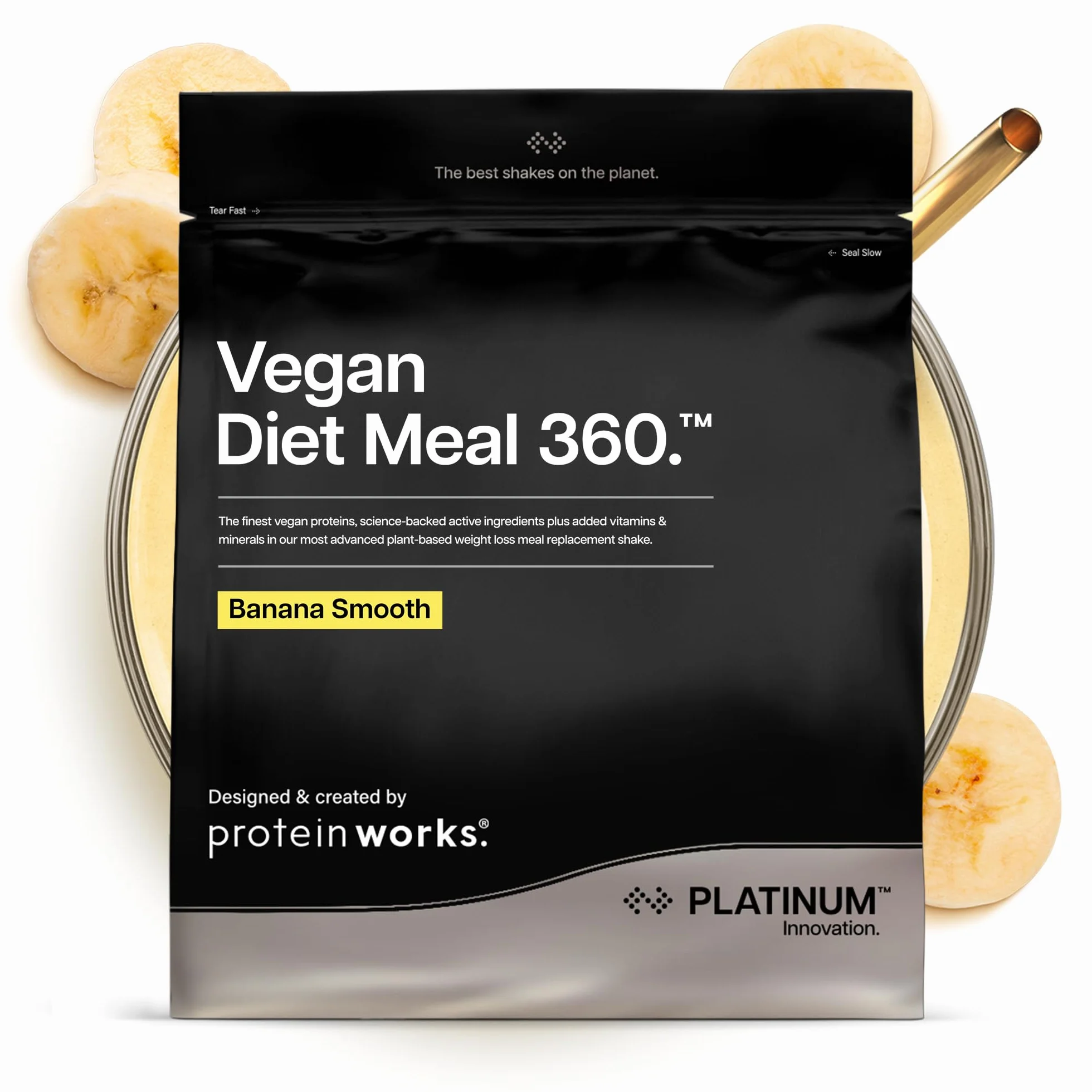 Protein Works | Vegan Diet Meal 360 – PLATINUM Innovation, Shake Dietetico Vegan, Supporta Perdita Peso Sana, Miscela Vitamine & Minerali, Tè Verde, Banana Vellutata, 8 Pasti, 500g