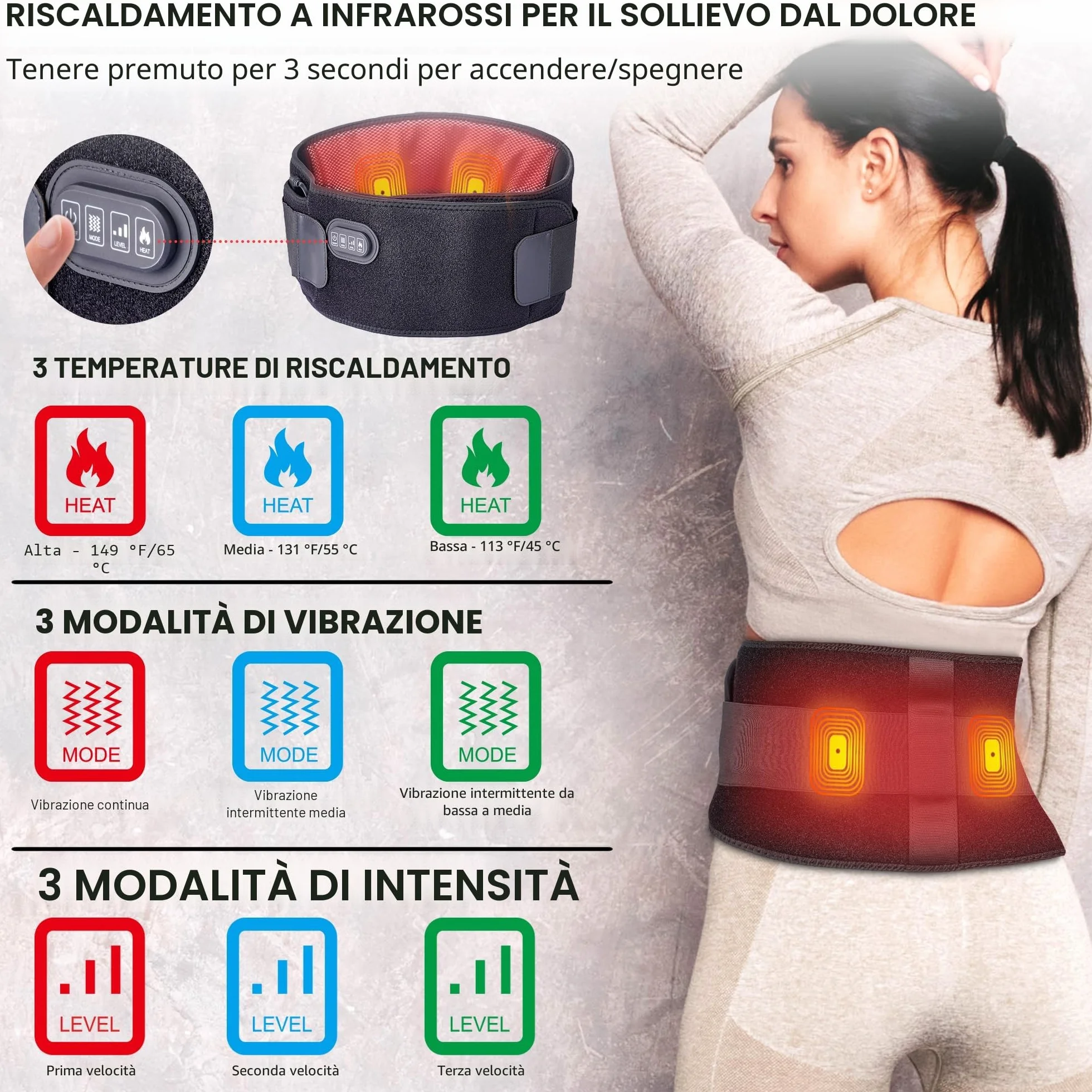 BESTEK Fascia Massaggio Lombare Riscaldante Cintura Riscaldante con 3 Livelli di Temperatura e Massaggio a Vibrazione–Termoforo Elettrico con Spegnimento Automatico per Schiena, Spalle e Addome