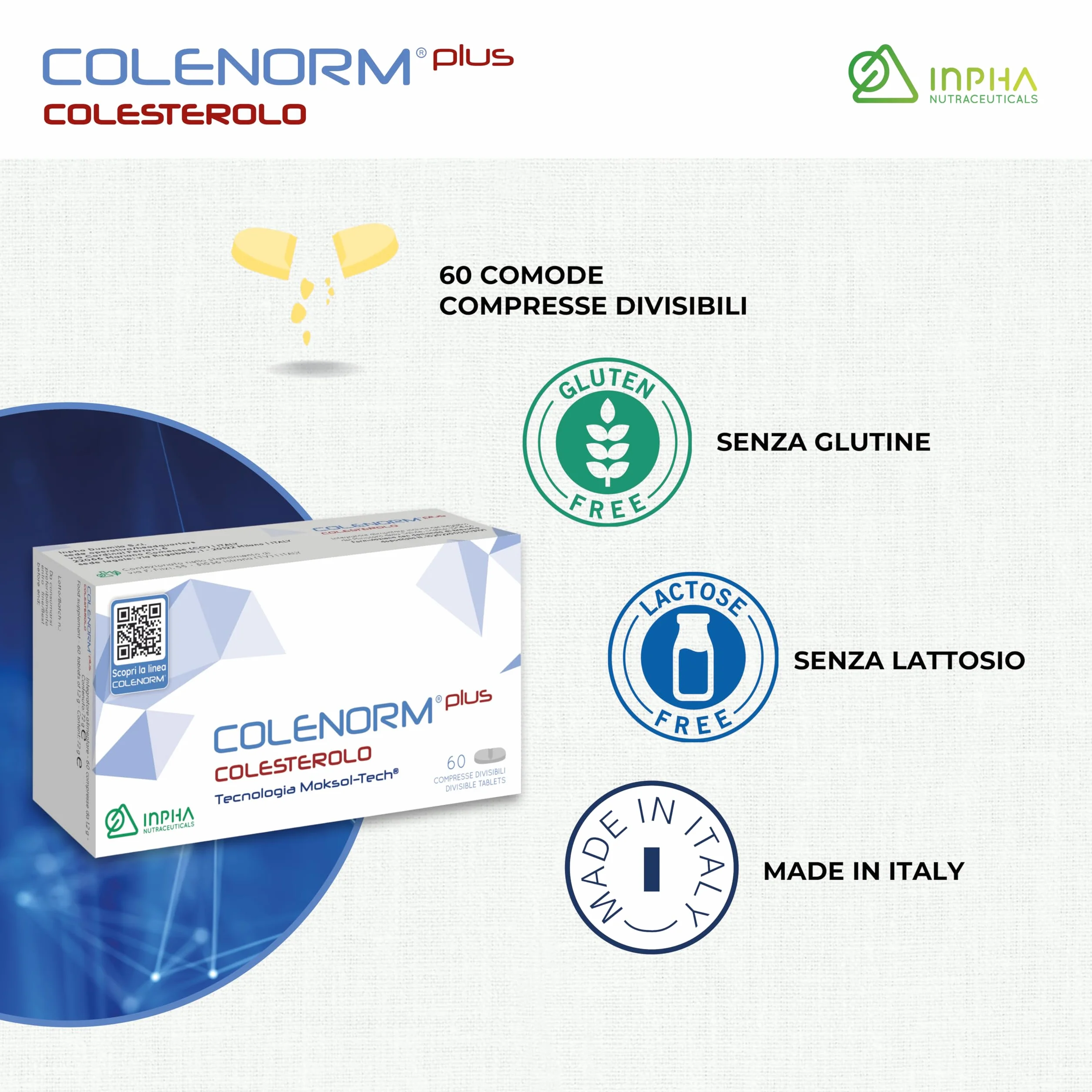 COLENORM PLUS COLESTEROLO® Azione Combinata di Riso Rosso, Tocoferoli e CoQ10 - Efficacia Clinica Testata - Senza Glutine/Lattosio • 60 CPR • INPHA 2000