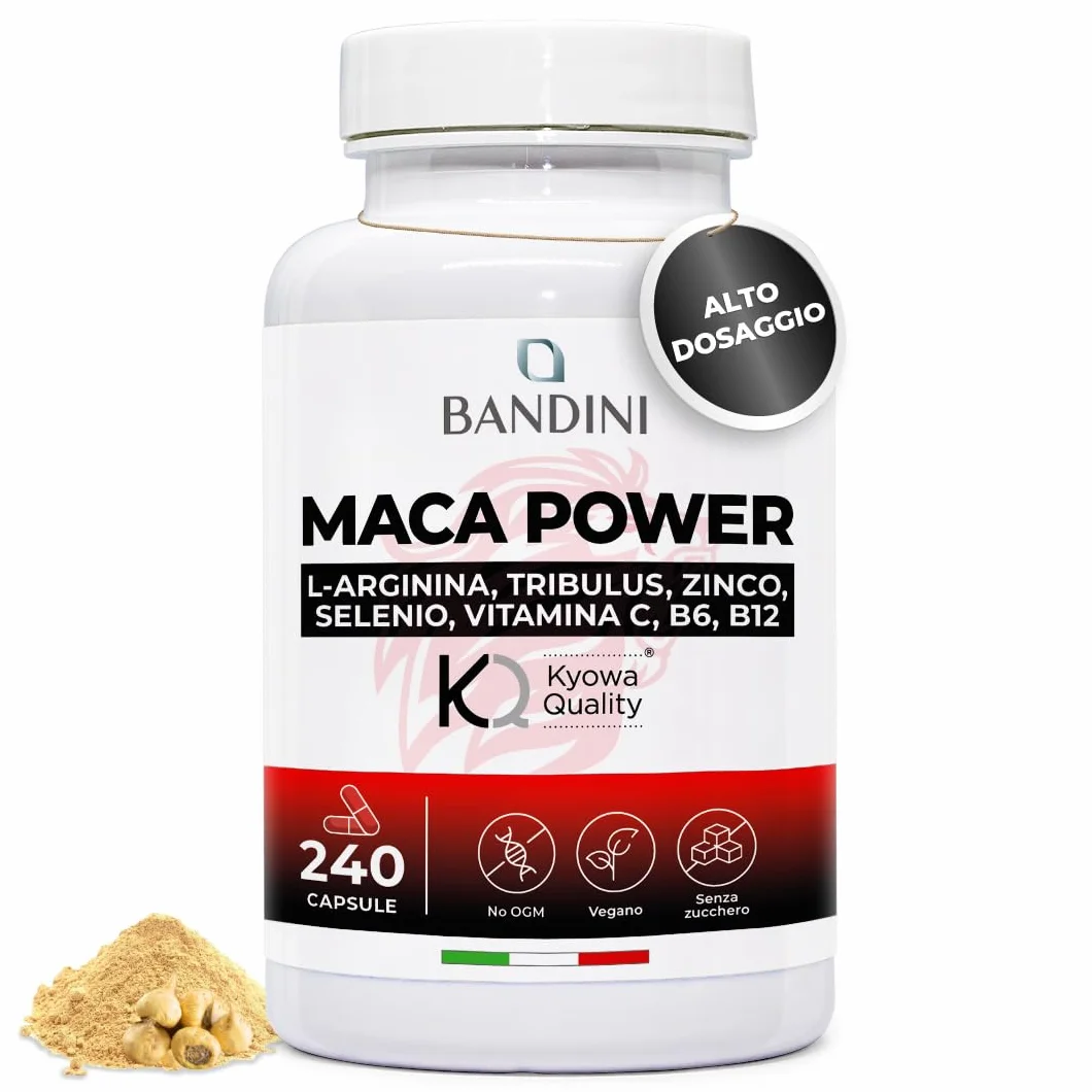 Bandini® MACA POWER 240 Capsule, Maca Peruviana 100% Vegan, Complesso ad Alto Dosaggio con Arginina Kyowa®, Tribulus, Vitamina C, Zinco, B6, B12 e Selenio, Stanchezza Fisica e Mentale, Energia, Sport