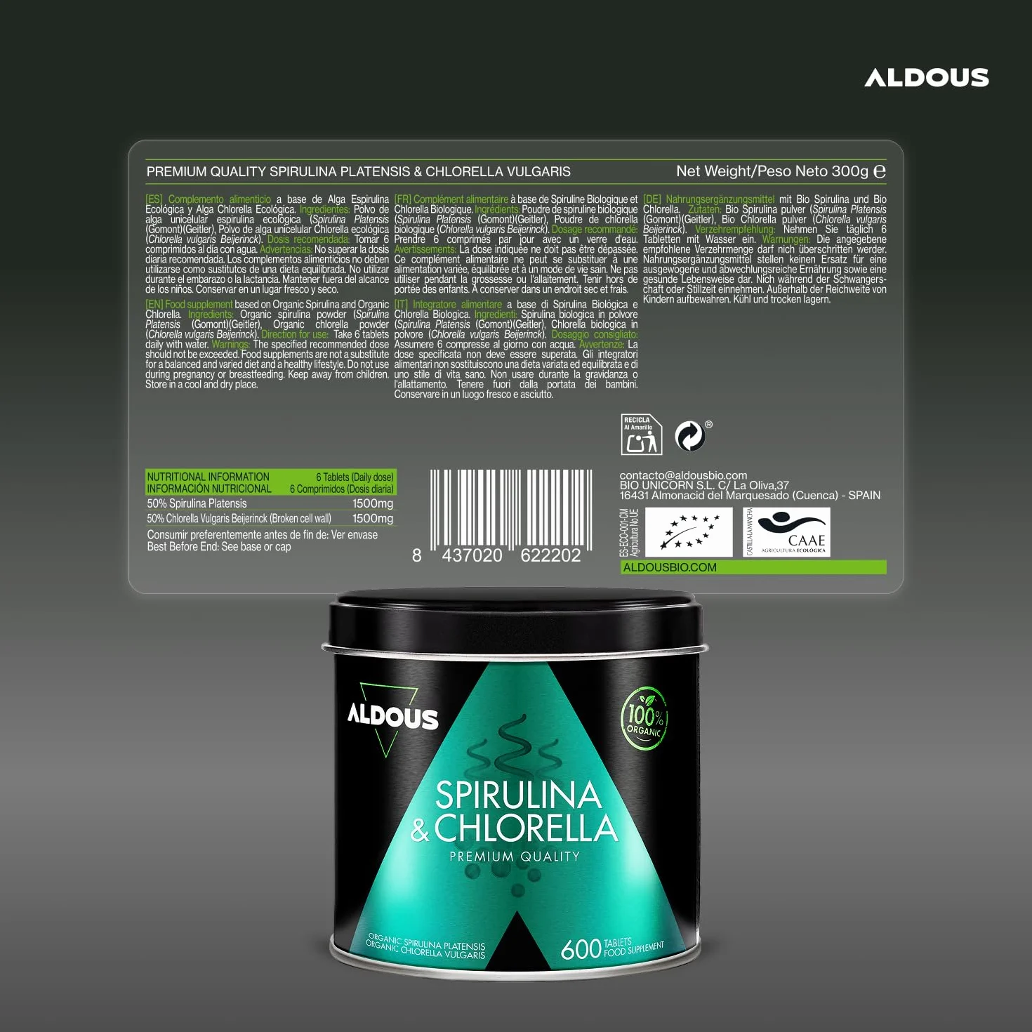 ALDOUS Spirulina e Clorella Bio 1800mg 600 Compresse Detox Energia Immunità Vegan