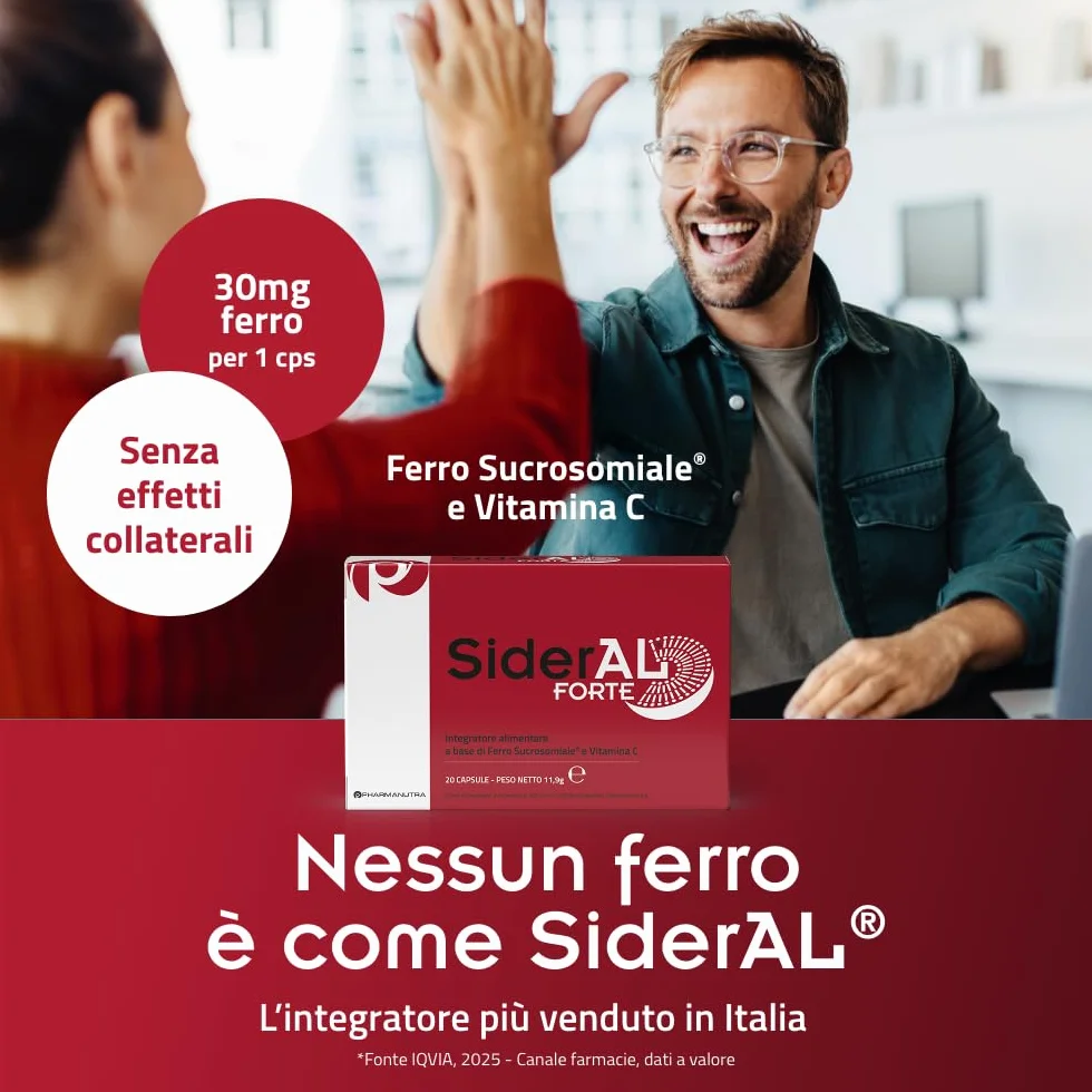 SiderAL® Forte Integratore alimentare a base di Ferro Sucrosomiale®, No Gusto metallico, Alta Tolerabilità, Alto assorbimento, No Glutine, No lattosio, 20 Capsule, Pharmanutra
