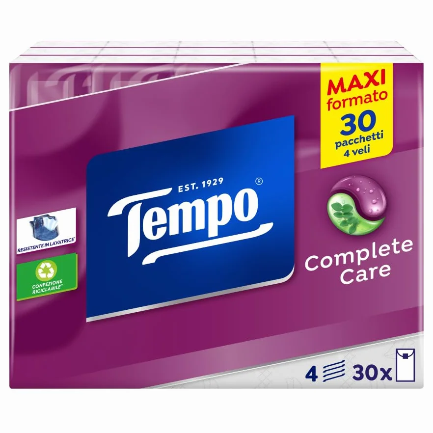 Tempo Fazzoletti Tascabili Complete Care 30 pacchetti da 9 fazzoletti con Balsamo