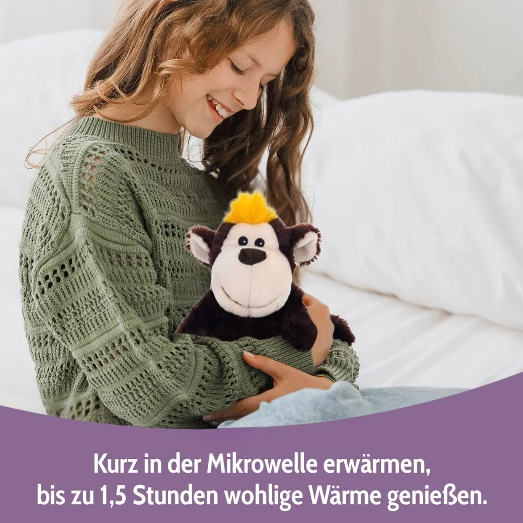 Habibi Plush Cuscino termico per bambini e adulti – 1835 scimpanzé e scimmia con riempimento di miglio, peluche termico per riscaldare nel forno a microonde e forno, ideale anche per bambini