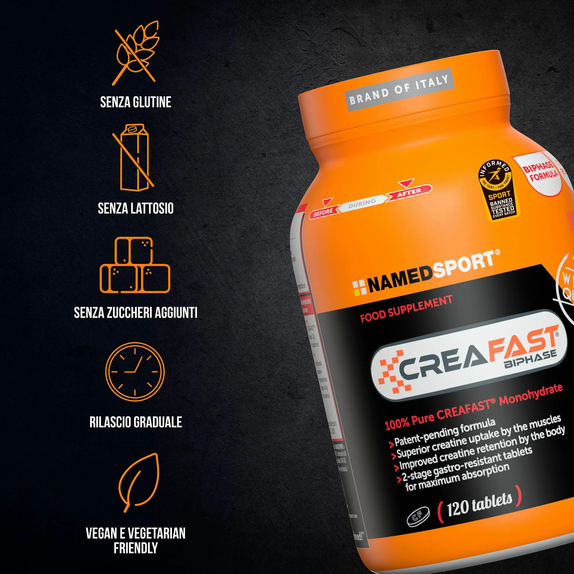 NAMEDSPORT Creafast 120 Compresse | Creatina Monoidrato per Performance e Recupero Muscolare | Integratore per Sportivi, Fitness e Bodybuilding | Pre e Post Workout