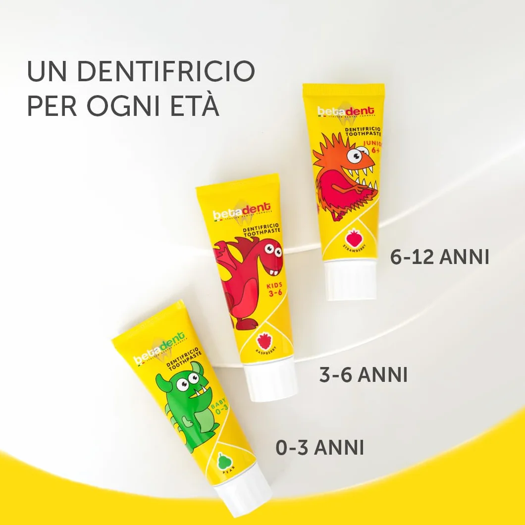 Betadent DENTIFRICIO JUNIOR 6+ per bambini di età superiore ai 6 anni. Formulazione naturale, antiplacca e anticarie. Equilibrato dosaggio di Sali di Fluoro alla concentrazione di 950 ppm F - 75 ml