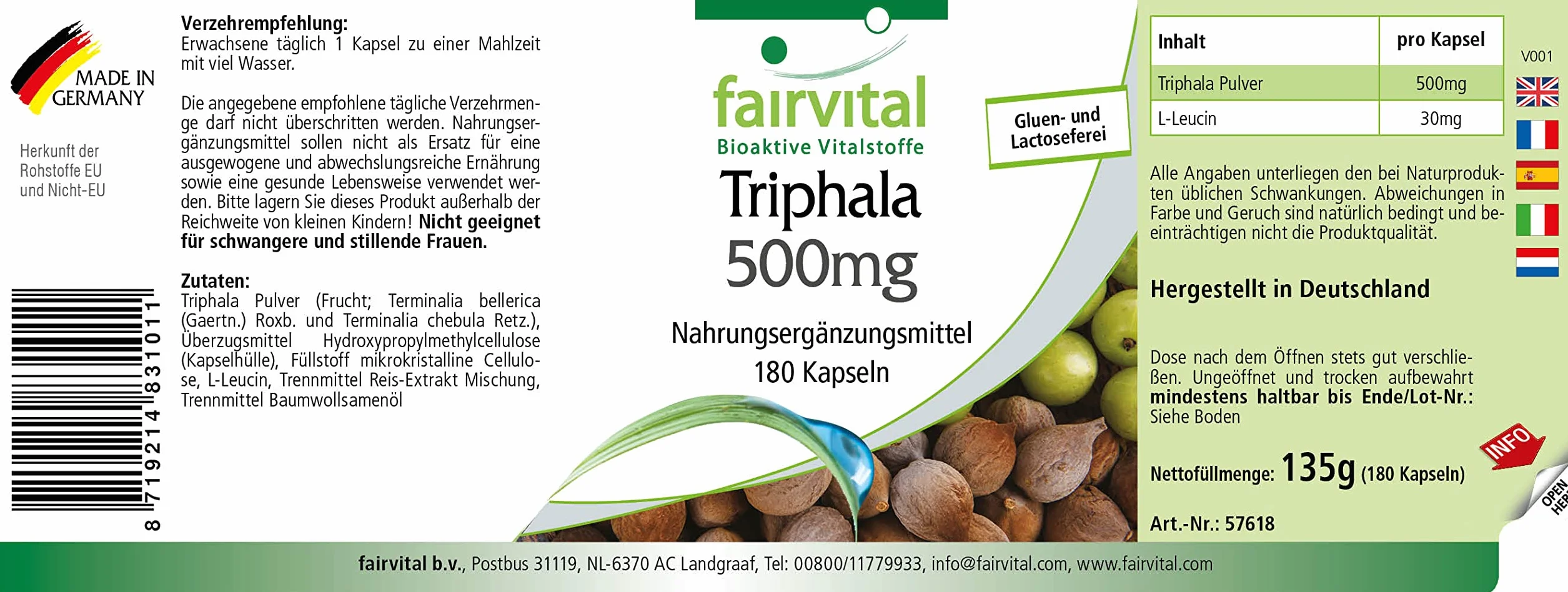 fairvital Triphala 500 mg, 180 capsule vegane, tripla frutta ayurvedica, Amalaki, Haritaki, Bibhitaki, qualità testata e ad alto dosaggio, Made in Germany