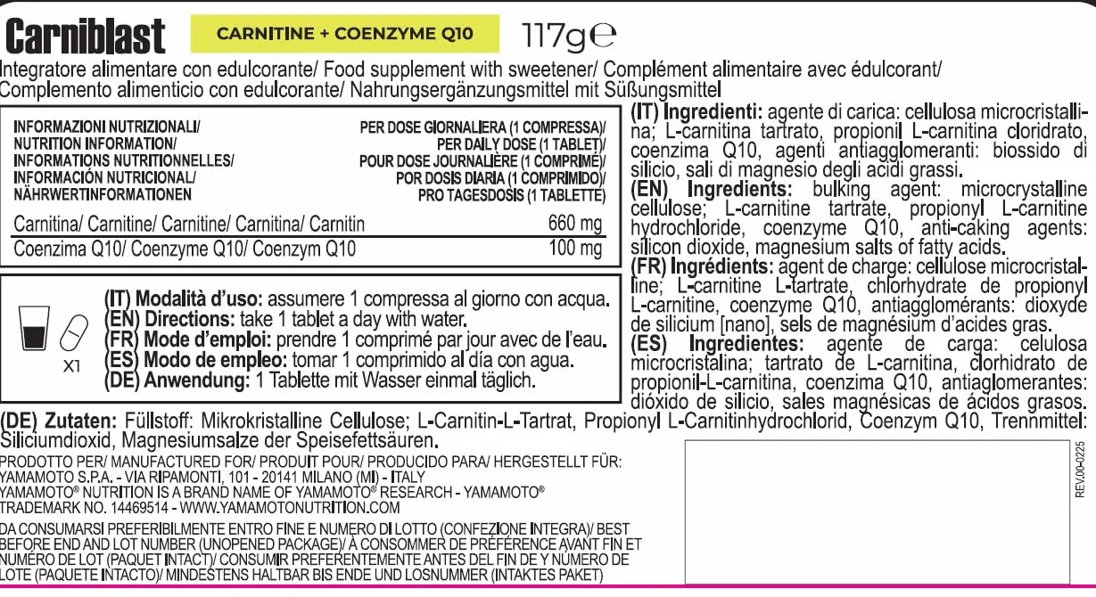 YAMAMOTO NUTRITION CarniBLAST integratore di Carnitina L-Tartrato, Propionil L-Carnitina e Acetil L- Carnitina 90 compresse