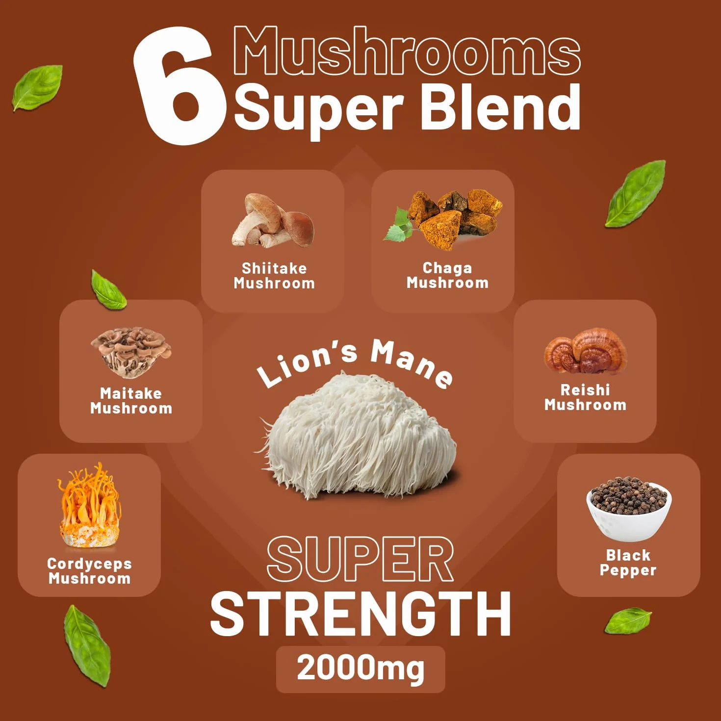 Advanced Mushroom Complex 2000mg | Una super miscela di 6 funghi con criniera di leone, chaga, cordyceps, shiitake, reishi e maitake con pepe nero | 120 compresse vegane ad alta resistenza