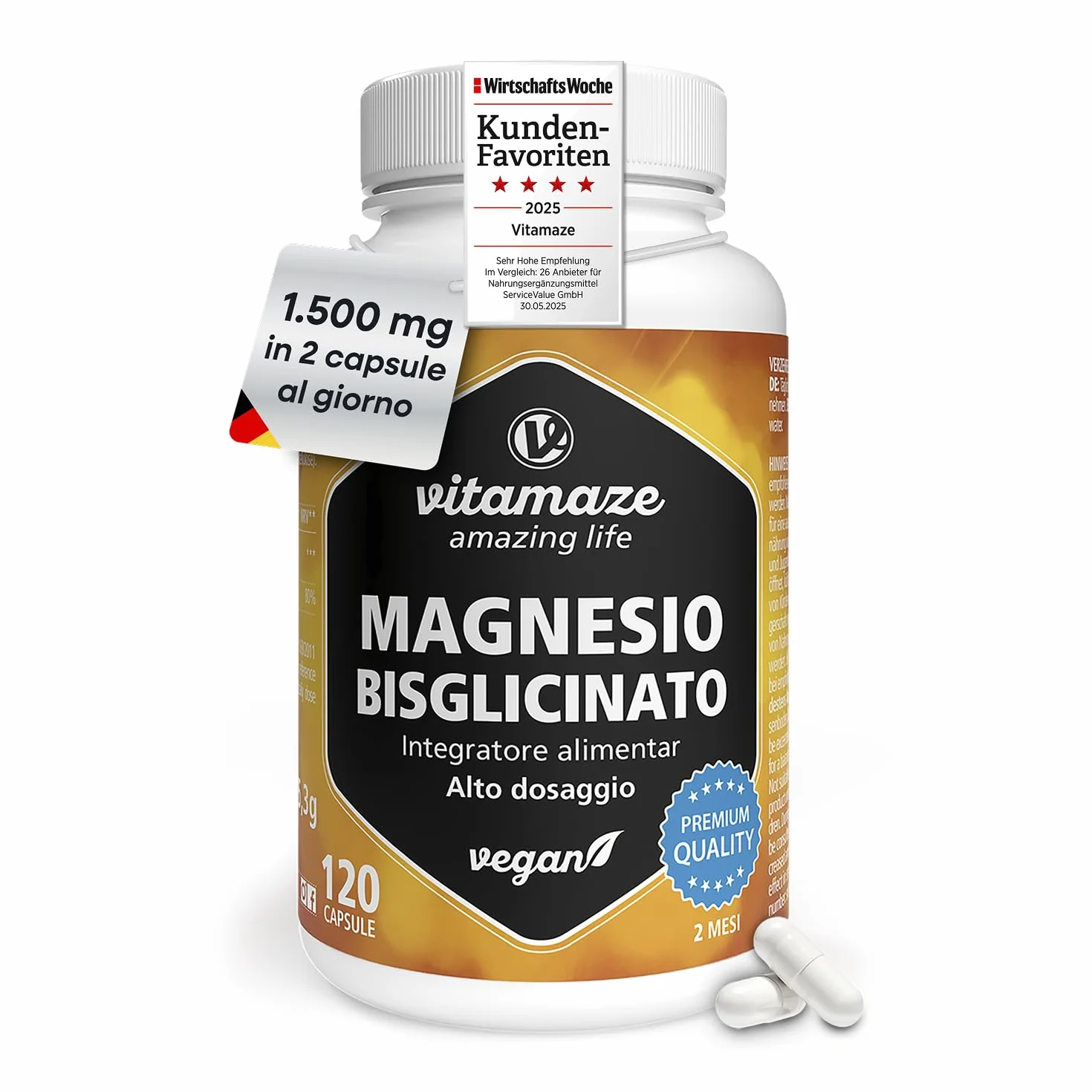 Magnesio Bisglicinato 1500 mg in sole 2 capsule piccole al giorno altamente dosate, 300 mg magnesio elementare, Anti Stress, Fatica e Dolori Muscolari, Rilassante, 120 capsule vegane, Made in Germany