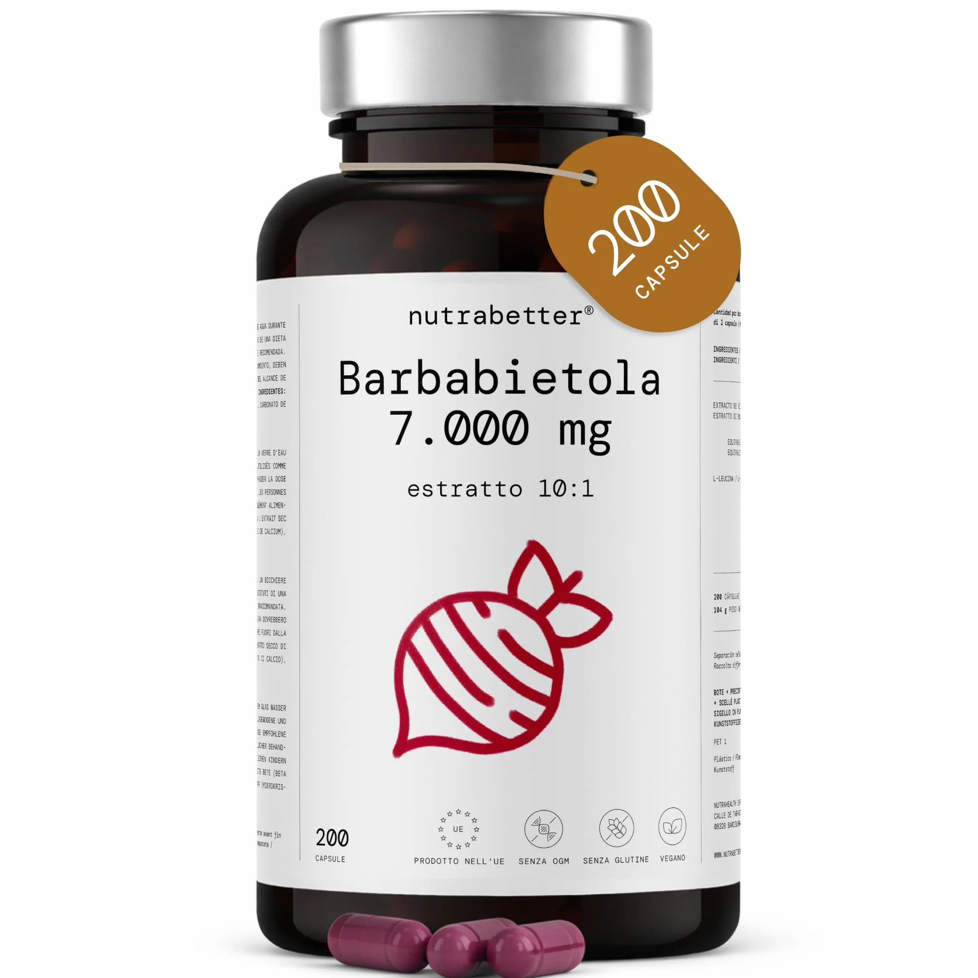 Nutrabetter Barbabietola Rossa Integratore 7000 mg 200 Capsule Vegane Estratto di Ossido Nitrico