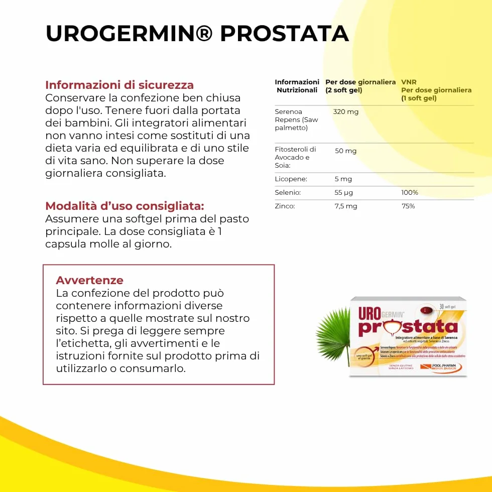 Urogermin Prostata 30 Capsule Molli - Integratore Prostata con Serenoa Repens 320 mg, Licopene, Selenio, Zinco, Fitosteroli