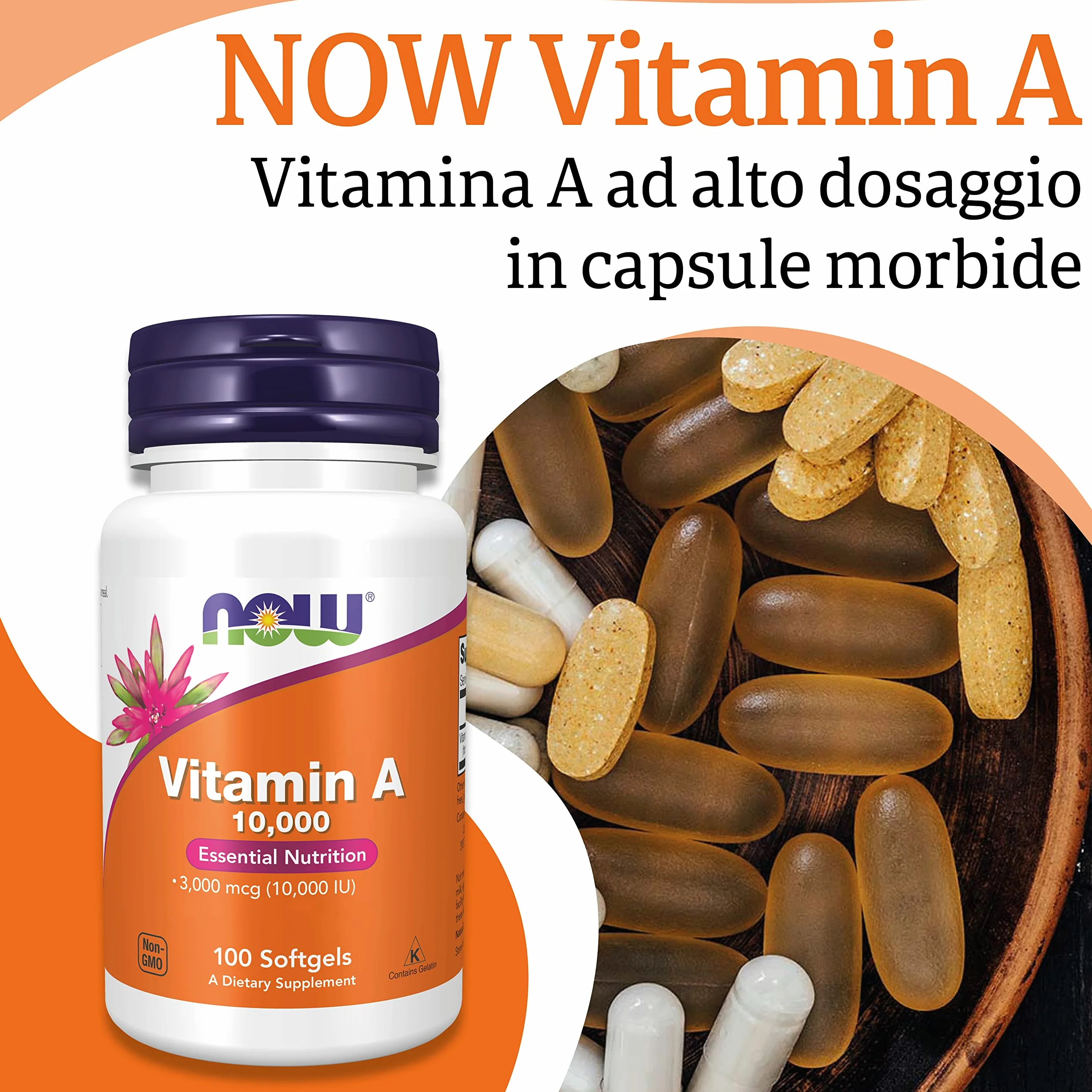 Now Foods Vitamina A 10000IU, 3000mcg, da palmitato di retinile e olio di fegato di merluzzo, ad alto dosaggio, 100 capsule, Testato in Laboratorio, Senza Glutine, Senza Soia, Non-GMO