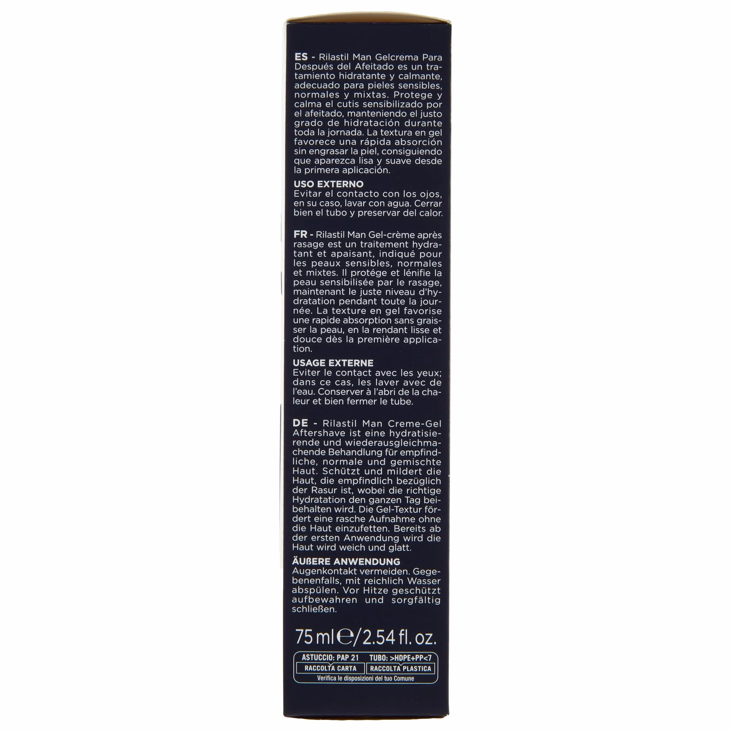 Rilastil Man Gel Crema Dopobarba, Trattamento Idratante e Riequilibrante, Pelli Sensibili, Normali e Miste, Riequilibrante e Lenitivo, con Acido Ialuronico, Confezione da 75ml