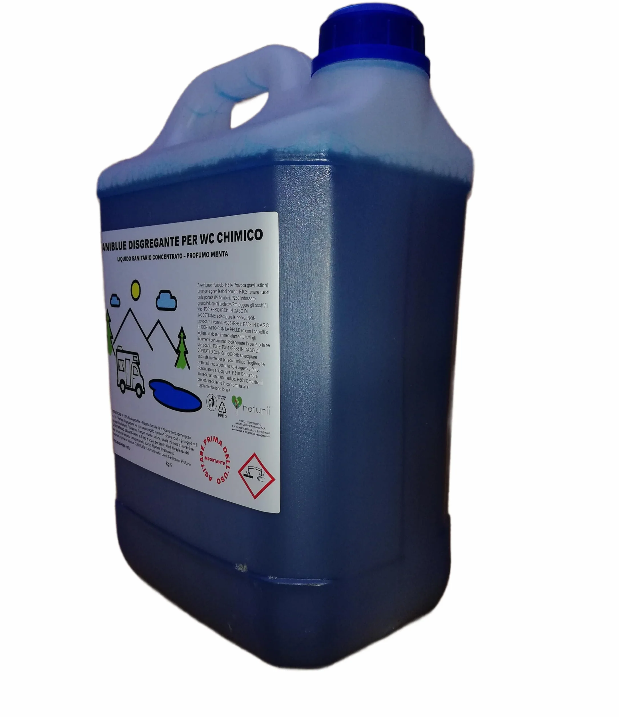 Saniblue Liquido Sanitario Disgregante Concentrato per Wc Chimico, 5 kg per Serbatoio Camper, roulotte Gabinetto da Campeggio, Acque Nere, WC Portatile portatili Toilette chimiche profumo agrumi