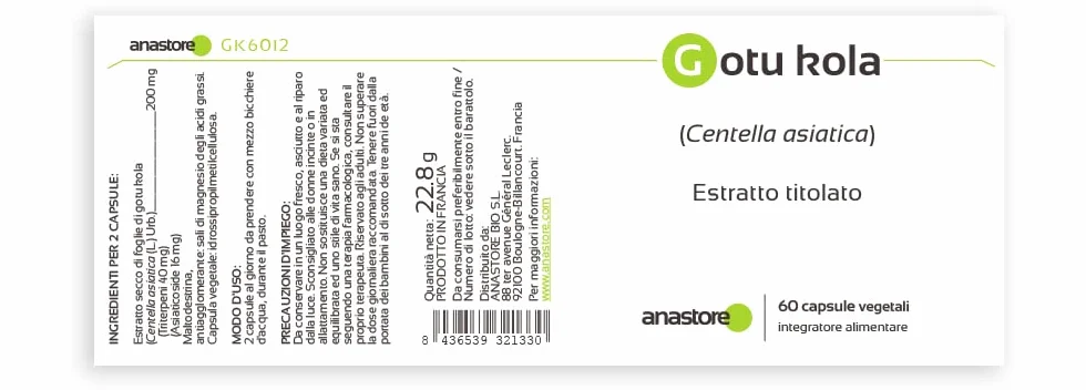 CENTELLA ASIATICA (GOTU KOLA) 100 mg 60 capsule Titolato 20% triterpeni 8% asiaticoside 5,5% madecassoside