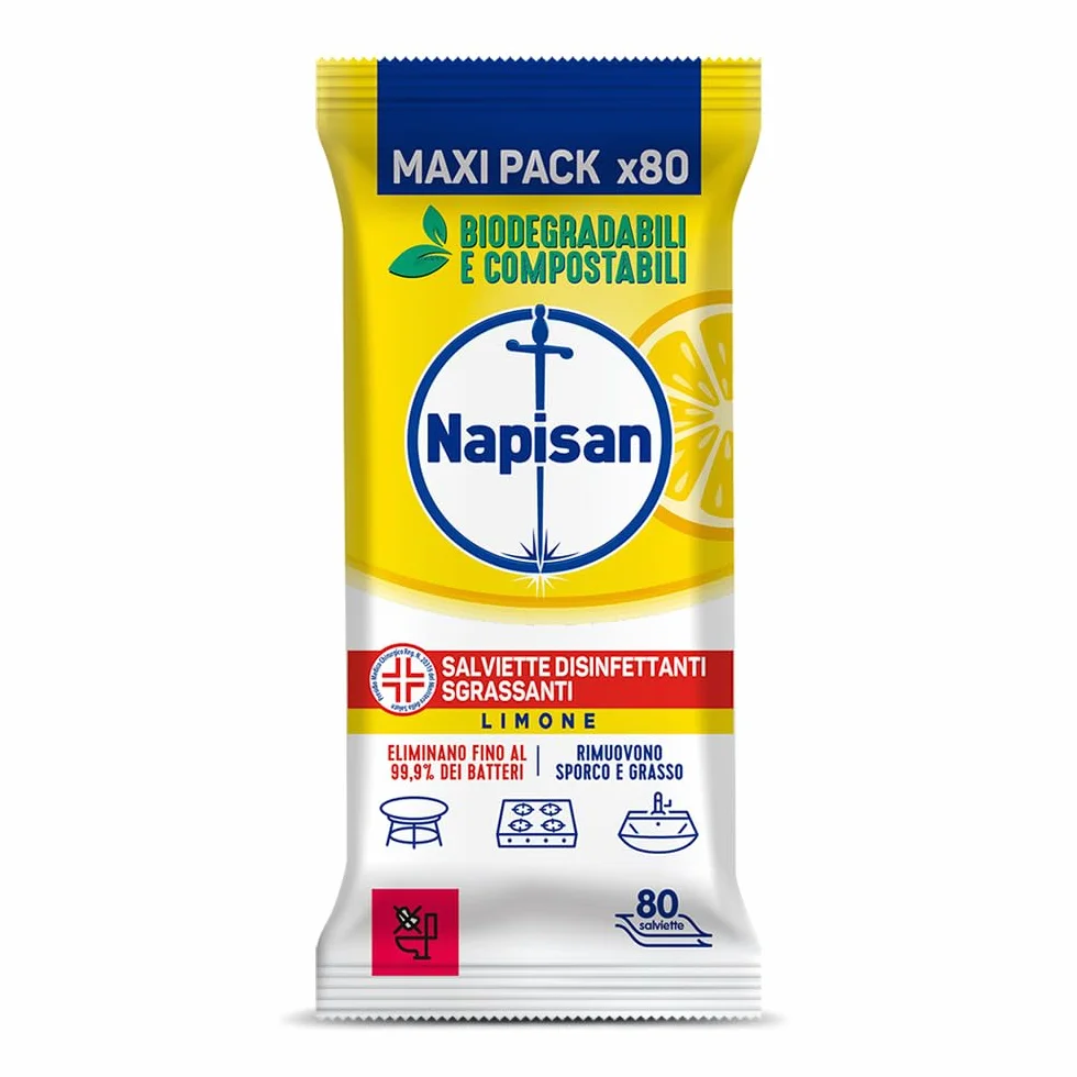 Napisan Salviette Disinfettanti Sgrassanti al Limone 5x80 Biodegradabili Compostabili Multisuperfici
