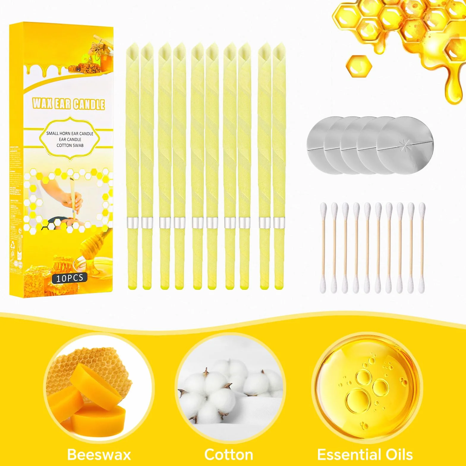 Coni Orecchie Cerume, 10 Candele Orecchie Cerume, Candele Naturali Auricolari in Cera D'api, Per Rilassare la Pelle, Ridurre lo Stress, Migliorare il Sonno (Giallo)