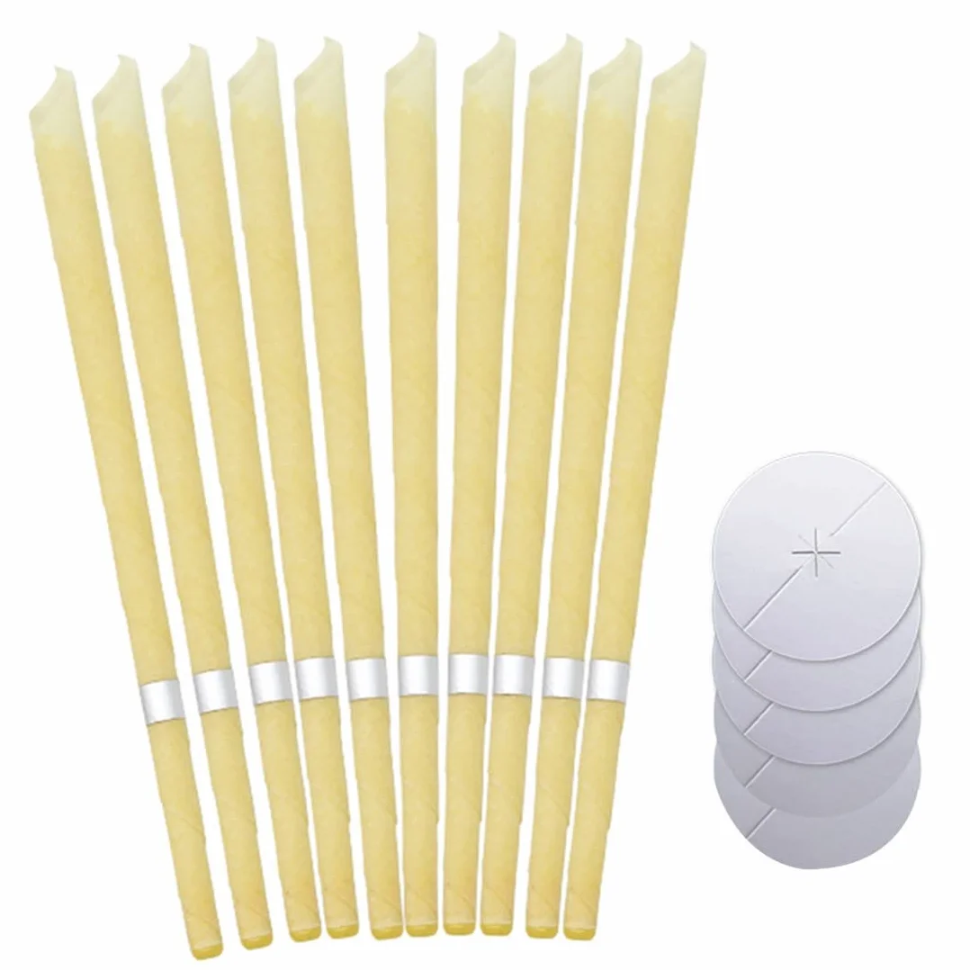 Candele per orecchie, kit per candele per rimozione del cerume con cera d'api organica naturale per orecchie bloccate, candele per orecchie da 10 pezzi con 5 dischi protettivi