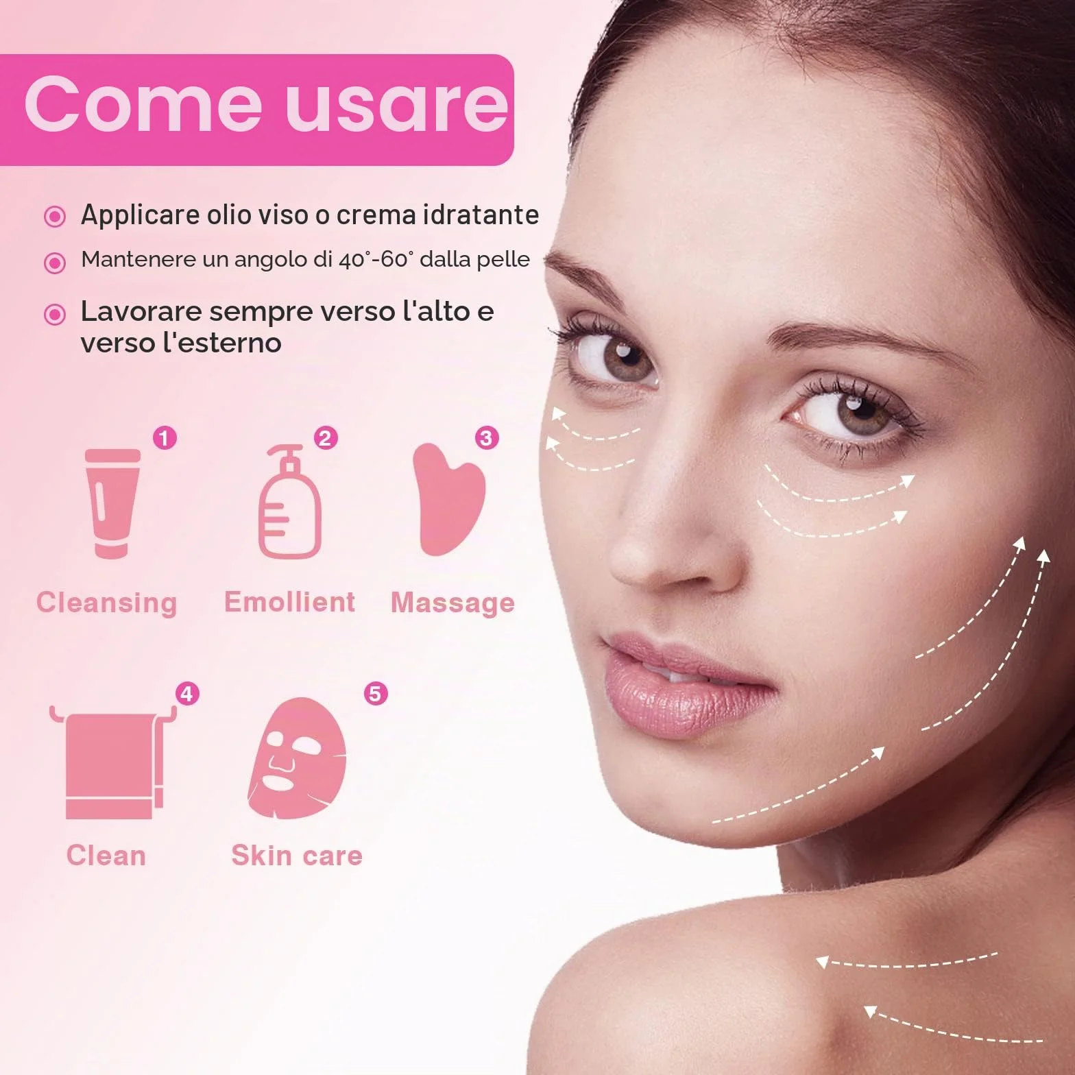 Gua Sha Pietre viso giada pietra a forma di cuore Guasha Board strumento di massaggio antigraffio per viso, occhi, collo per la cura della pelle (rosa)