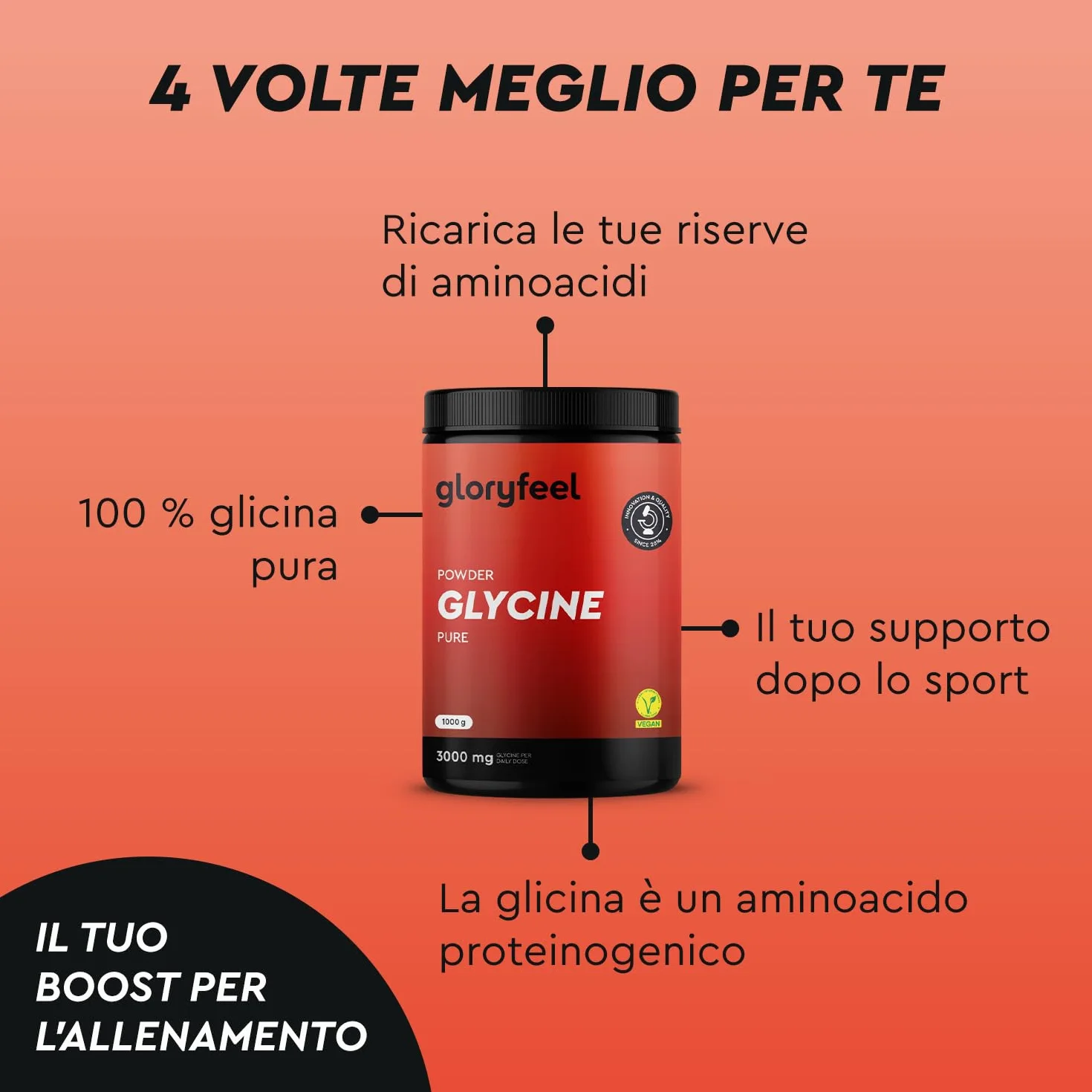 Glicina in Polvere 1 kg (330 Porzioni) - Alta Concentrazione 3000mg di L-Glicina al Giorno - Puro Aminoacido Naturalmente Dolce - Rapida Solubilità - Testata in Laboratorio, Vegan e Senza Additivi