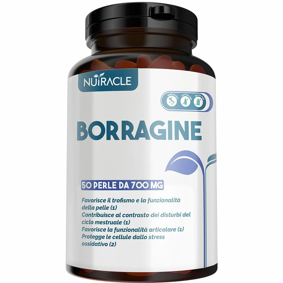 Nutracle Olio di Borragine perle 700 mg Integratore pelle capelli GLA 20% Omega 6 ciclo mestruale acne 50 perle