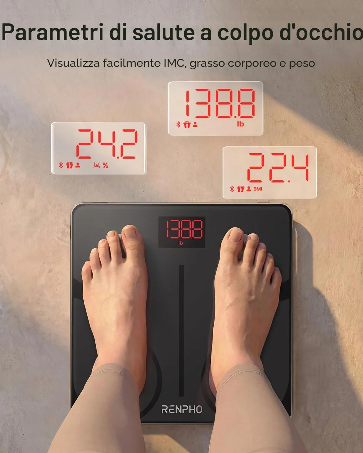 RENPHO Bilancia Pesapersone Digitale Impedenziometrica Vetro Temperato 180 kg Smart 13 Misurazioni BMI Grasso BMR Muscoli 28 cm Elis 1