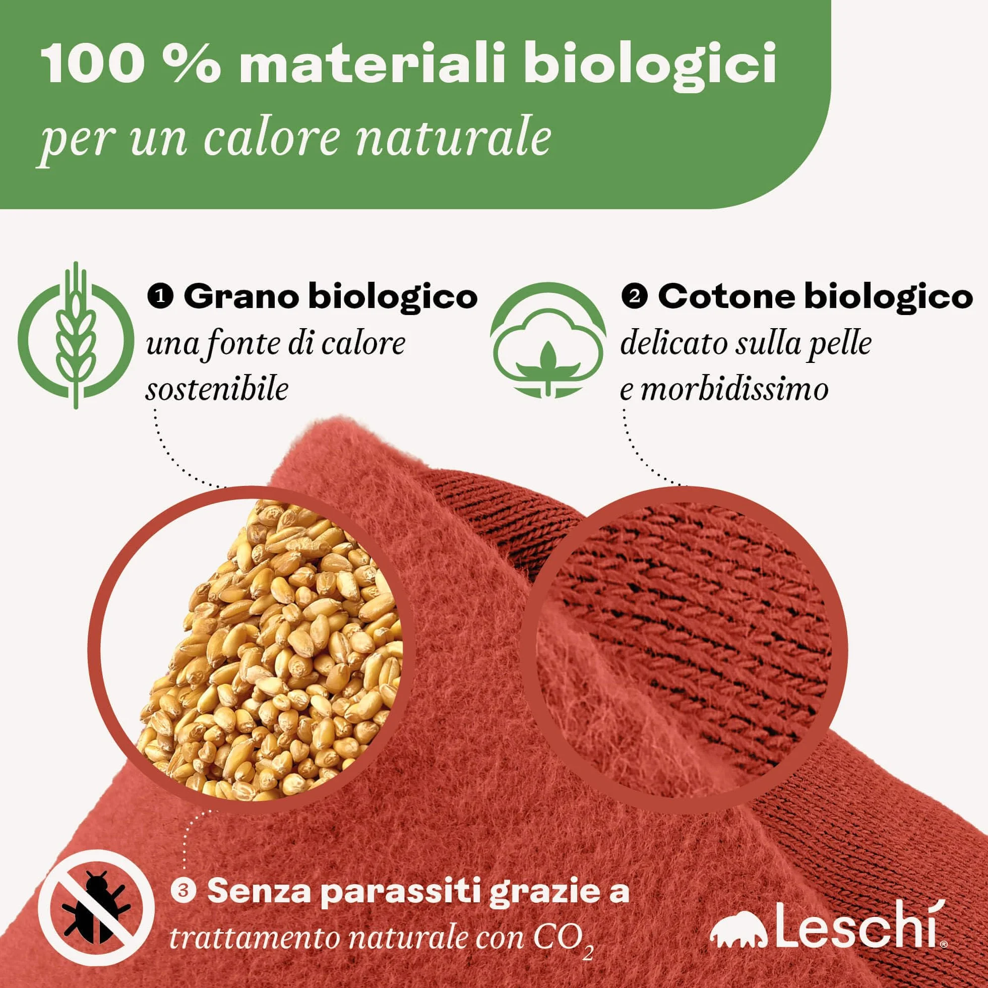LESCHI Cuscino termico per microonde - In cotone bio con grano biologico - Cuscino riscaldante per dolori mestruali, alla pancia, schiena e zona lombare - Naturale, riutilizzabile - Cuore, rosso