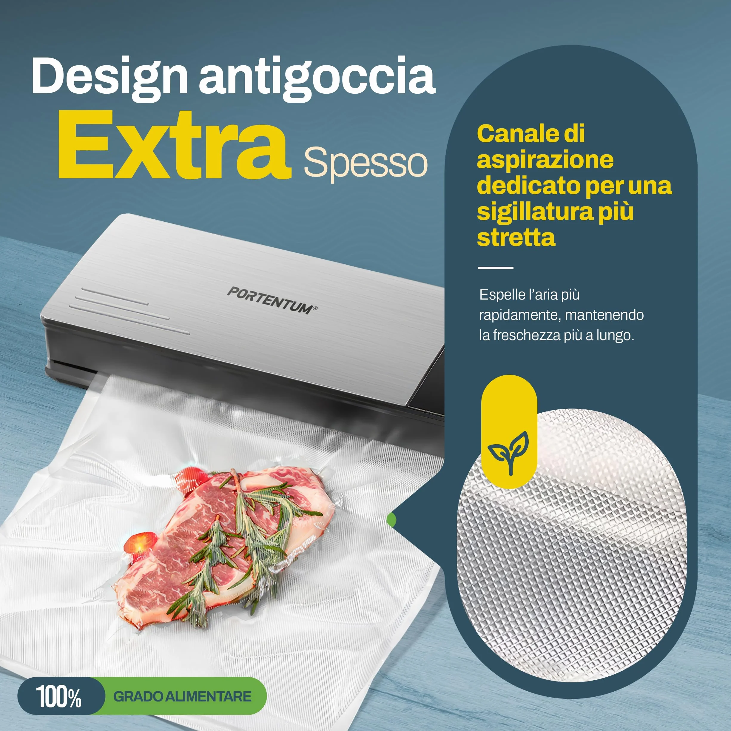 PORTENTUM Sacchetti Sottovuoto Alimenti, 3 rotoli 20 x 300 cm 9 m per conservazione e Sous Vide