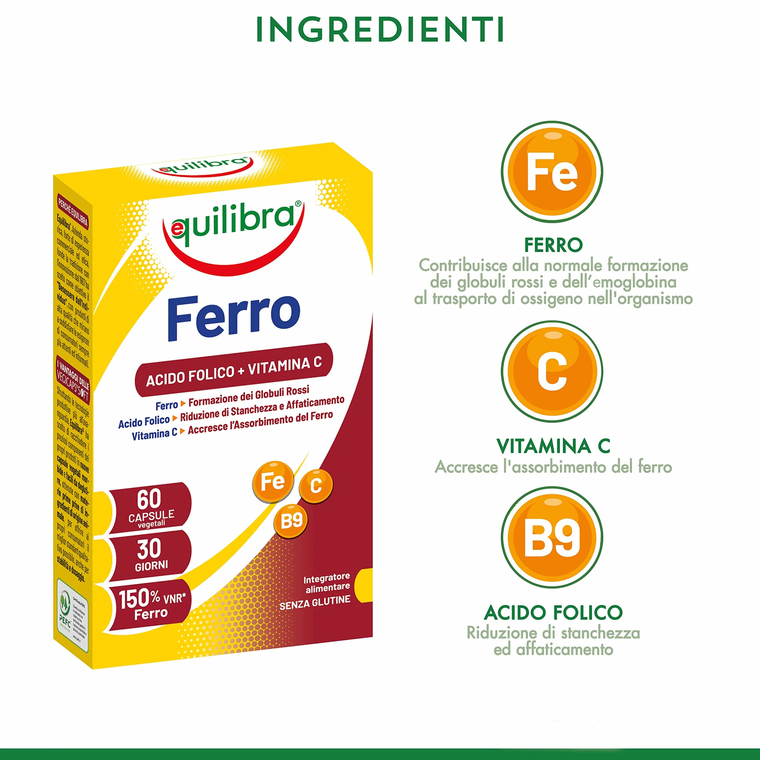 equilibra Integratori Alimentari, Ferro con Acido Folico + Vitamina C, Integratore a Base di Ferro, per la Normale Funzione dei Glubuli Rossi e dell'Emoglobina, 60 Capsule Vegetali