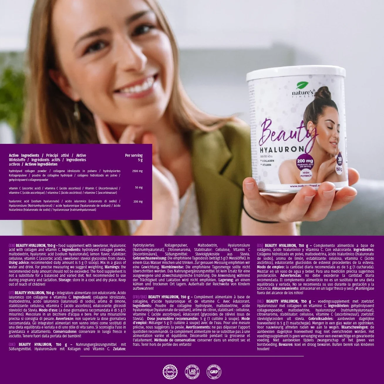 Nature's Finest Beauty Hyaluron Collagene con Acido Ialuronico 200mg per Dose e Vitamina C, Integratori per Pelle, Capelli e Unghie