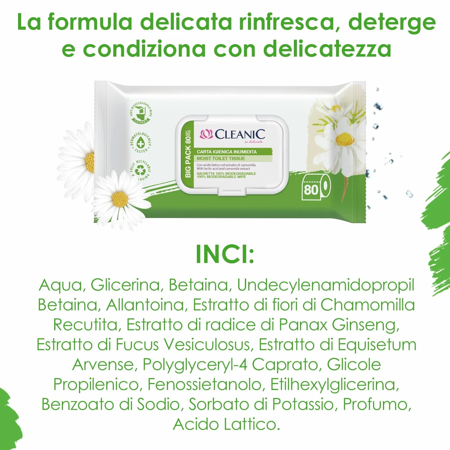 Cleanic Carta Igienica Umidificata 80 Pezzi con Estratto di Camomilla Lavabile Salviette Pulizia Intima Pelle Sensibile