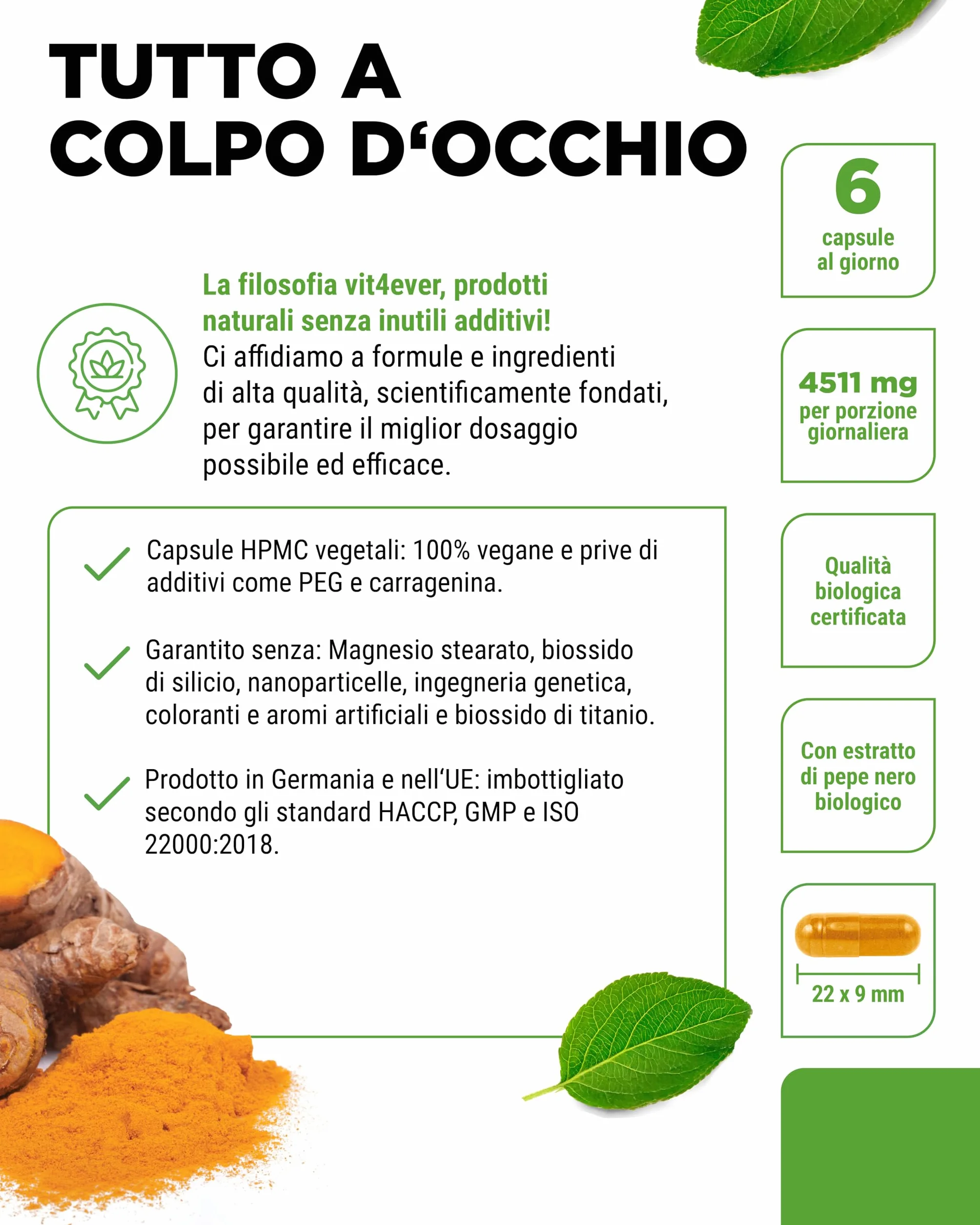 Curcuma organica con pepe nero 365 capsule 4511 mg curcumina piperina alto dosaggio vegano