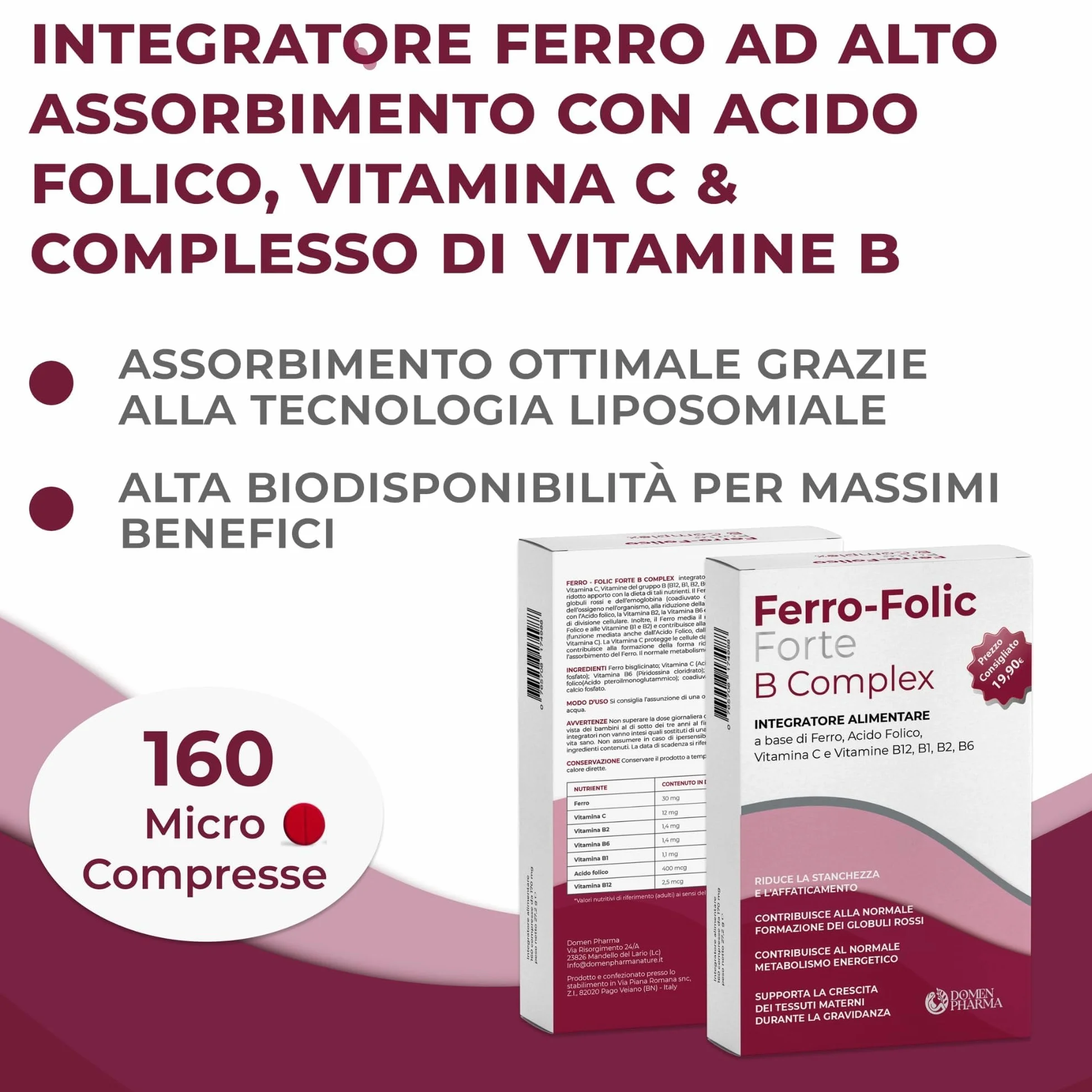 FERRO FOLIC Integratore Ferro 160 compresse ad alto dosaggio, ferro acido folico e Vitamina B12 con Complesso B e Vitamina C. Ferro Bisglicinato alta biodiodisponibilità e Acido Folico naturale.
