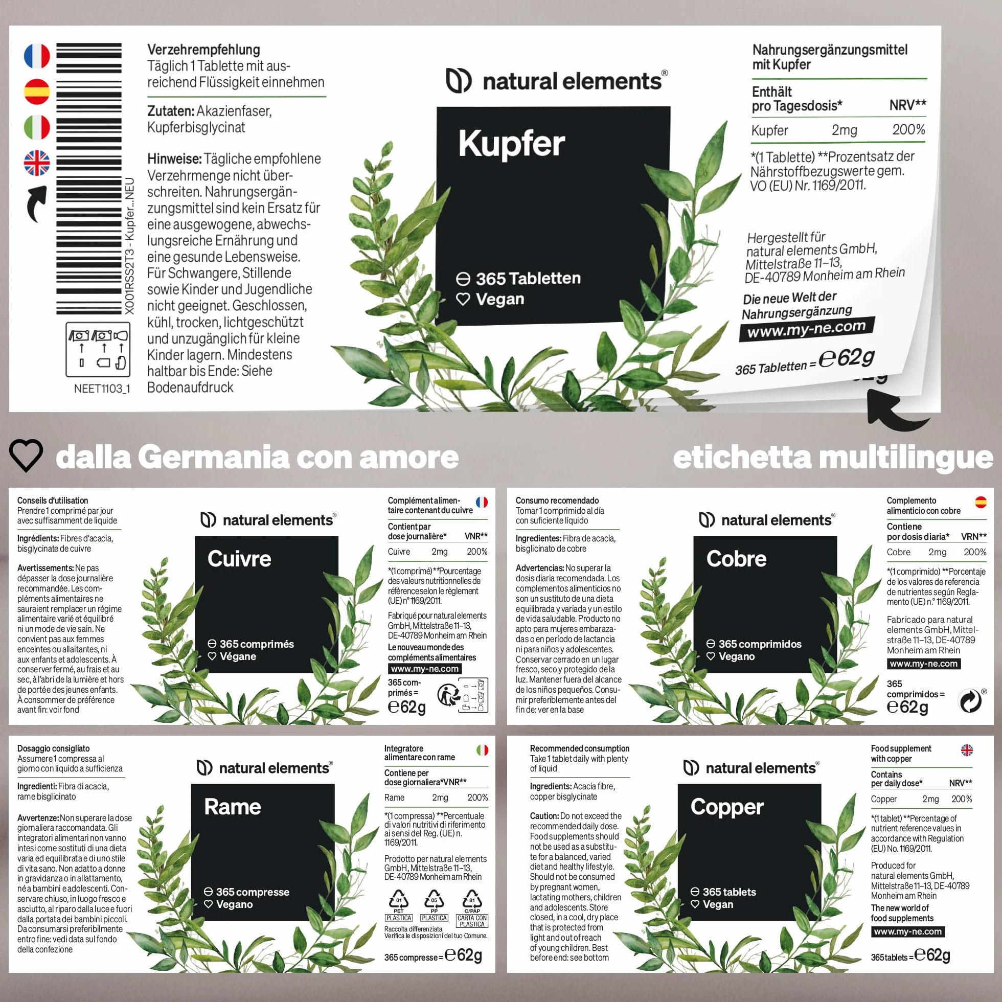 Rame – 365 compresse vegane – 2mg di rame per dose giornaliera – gusto neutro, alto dosaggio, senza additivi inutili – prodotto e testato in laboratorio in Germania