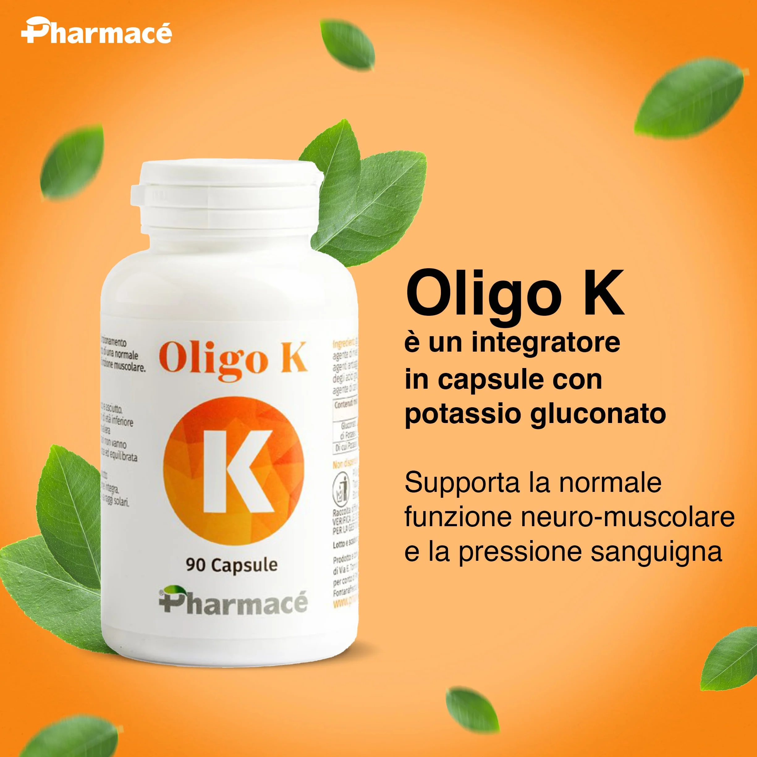 Pharmace' Oligo K - Potassio Gluconato ad Alta Biodisponibilita - 322mg per Compressa - 90 Compresse Senza Glutine e Lattosio - Prodotto in Italia