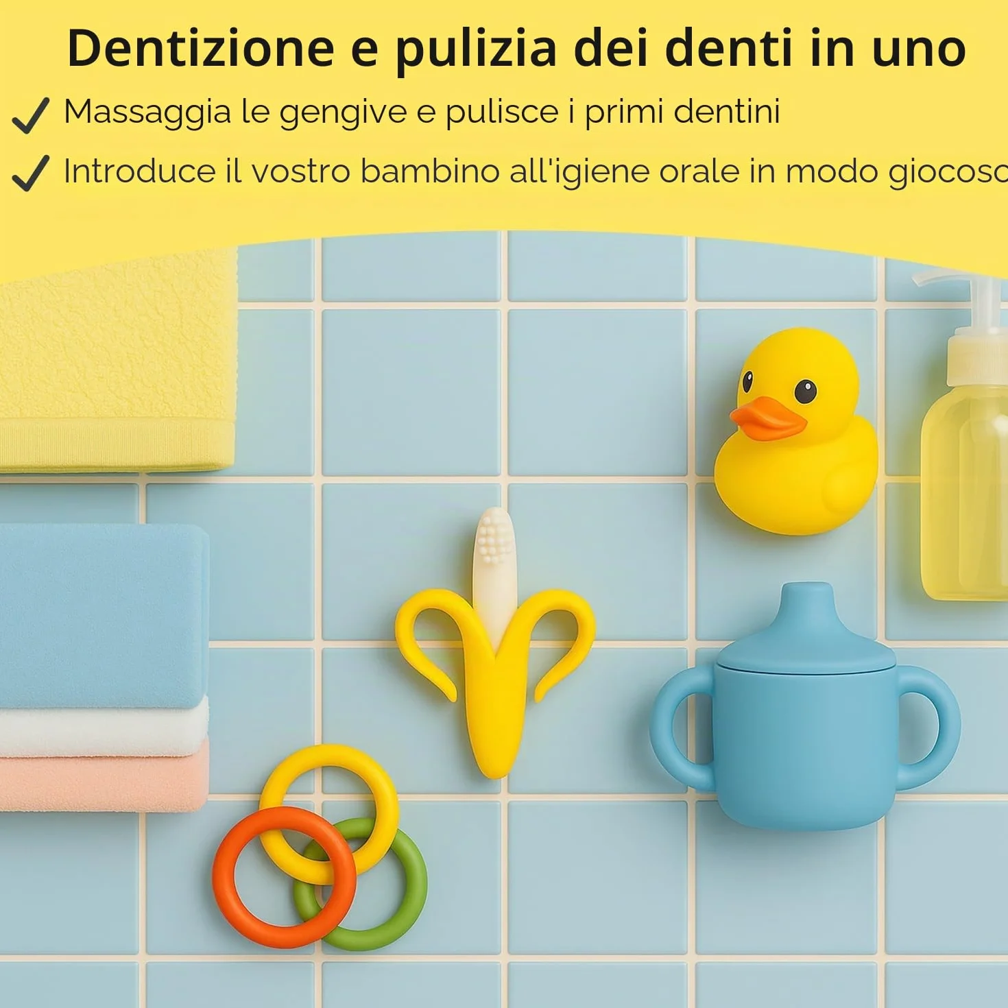 Spazzolino da denti e massaggiagengive per bambino a forma di banana – 2 in 1 invenzione per pulire i denti e proteggerli