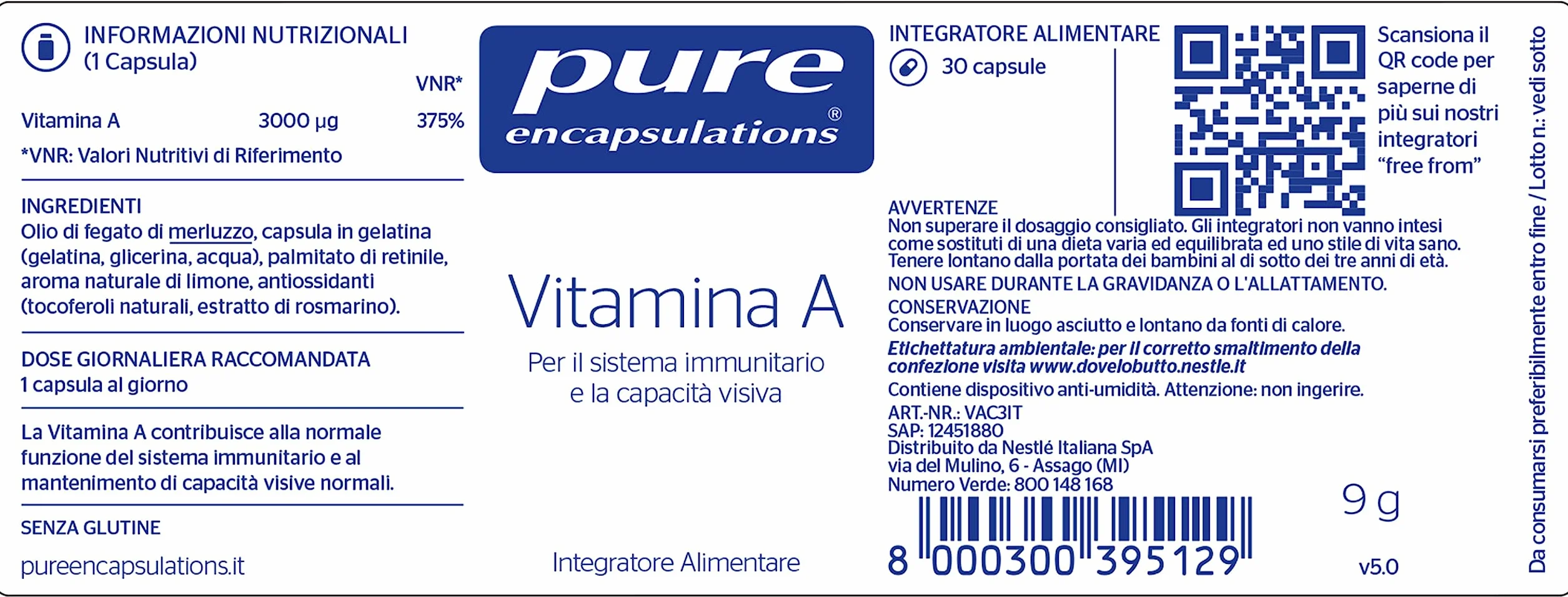 Pure Encapsulations - Vitamina A 10.000 IU - Supporto alla Vista, Funzioni Cognitive e Salute della Pelle - 30 Capsule Softgel